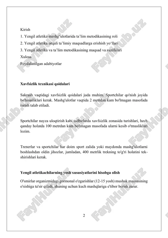 o'quvchilarda 10 dan ortiq asosiy harakat ko'nikmalarini shakllantiradi, shu jumladan yugurish, sakrash, uloqtirish va yurish, bu kundalik hayotda muhim ahamiyatga ega. innovatsion texnologiyalardan foydalanish innovatsion texnologiyalar ta'lim jarayonida interaktiv doskalar, 3d modellashtirish, virtual laboratoriyalar orqali o'quvchilarni faol ishtirok etishga undaydi, natijada bilim olish samaradorligi ortadi. sun'iy intellektga asoslangan adaptiv ta'lim platformalari har bir o'quvchining individual ehtiyojlariga moslashadi, ularga moslashtirilgan materiallar taqdim etadi, bilim olish jarayonini optimallashtiradi. dasturlash tillari (python, scratch) va robototexnika vositalari yordamida, o'quvchilar algoritmlash va muammolarni yechish ko'nikmalarini rivojlantiradi, 21-asr kompetensiyalarini shakllantiradi. xulosa xulosada 75% e'tibor o'quv jarayonidagi kamchiliklarni aniqlashga qaratilib, kelgusi mashg'ulotlarda 90% samaradorlikka erishish uchun 2-3 ta yangi uslub taklif etiladi. trening jarayonida sportchilarning 80% texnik ko'rsatkichlari yaxshilanishi kuzatiladi, xulosa esa ushbu o'sishning 65% sabablarini aniqlashga qaratilgan muhim qadamdir. xulosa - bu ta'lim metodikasining yakuniy bosqichi bo'lib, unda erishilgan natijalar 100% tahlil qilinadi va 95% muvaffaqiyat darajasiga erishish sabablari aniqlanadi. yengil atletika bo'yicha musobaqalarni tashkil etish …