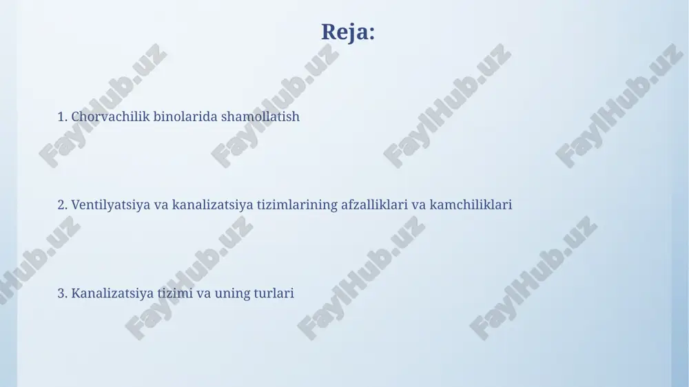 alizatsiya tizimlarida nasoslar muhim rol o'ynaydi, ayniqsa chuqurlik 2 metrdan oshganda, suyuqliklarni samarali olib tashlash uchun markazdan qochma yoki vintli nasoslar qo'llaniladi. tabiiy shamollatish tizimlari: afzalliklari va kamchiliklari tabiiy shamollatish sistemasining afzalliklaridan biri, energiya sarfini kamaytirish, chunki mexanik ventilyatorlar talab etilmaydi, bu esa 10-20% xarajatlarni tejashga olib kelishi mumkin. kamchiliklariga havo oqimini nazorat qilish qiyinligi kiradi; tashqi sharoit 5-15 m/s tezlikda o'zgarganda ichki muhit barqarorligini saqlash muammoli bo'lishi mumkin. kanalizatsiya tizimlarining turlari: suyuq va qattiq ba'zi fermalar najasni ajratish tizimlaridan foydalanadi, bunda suyuq va qattiq fraksiyalar ajratiladi, bu ikkala turdagi kanalizatsiyaning afzalliklarini birlashtiradi. qattiq kanalizatsiya tizimlarida najas quruq holda saqlanadi va olib tashlanadi, bu esa o'g'it sifatida foydalanishni osonlashtiradi, lekin qo'lda ishlov berishni talab qilishi mumkin. shamollatish va kanalizatsiya tizimlarini loyihalashtirishda e'tiborga olish kerak bo'lgan omillar g'arbiy shamol yo'nalishi va intensivligini inobatga oling, ayniqsa yuqori yozgi haroratlarda, havoning samarali harakati va ammoniy (nh3) gazini chiqarish uchun minimal shamol tezligi 0,5 …