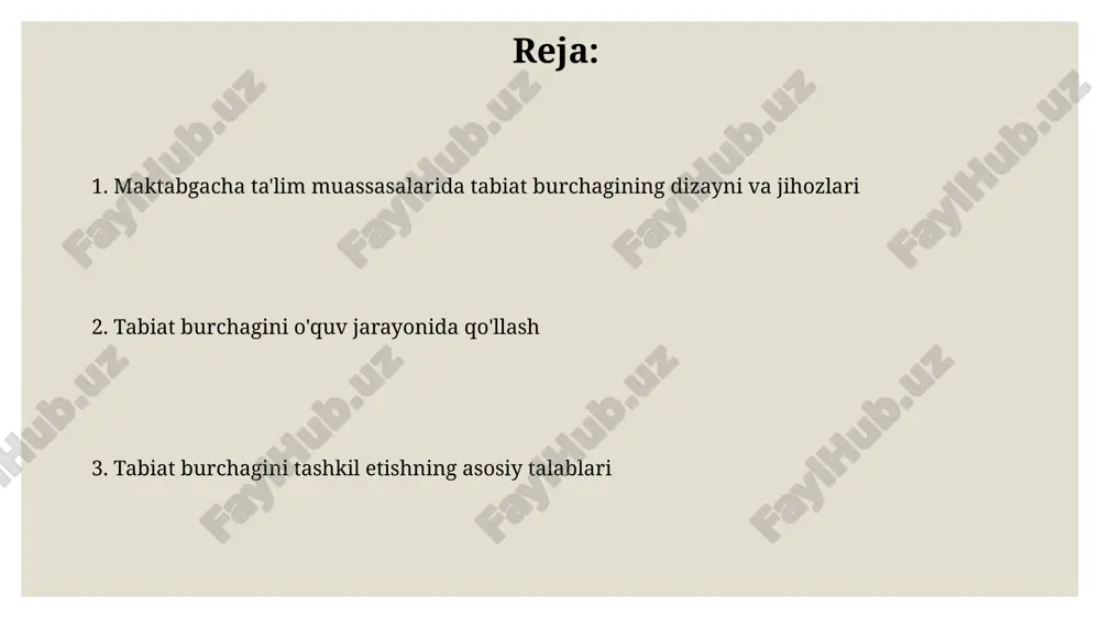 hozlashda turli xil o'simliklar (kamida 5-7 turdagi), akvarium yoki terrarium (ixtiyoriy), kuzatuv materiallari (magnit taxtalar, rasmlar, kartacha) va bolalar uchun qulay, xavfsiz mebellarni qo'llash tavsiya etiladi. tabiat burchagini tashkil etishning asosiy talablari tabiat burchagi xavfsiz va bolalar uchun qulay bo‘lishi kerak, o‘tkir burchaklar va mayda, yutilishi mumkin bo‘lgan buyumlar bo‘lmasligi lozim, kamida 2 kvadrat metr maydonni egallagan holda. bolalar faoliyatini ta’minlash uchun, tabiat burchagida turli xil didaktik o‘yinlar, rasmlar, kitoblar va kamida 5 turdagi tabiiy materiallar (toshlar, shoxchalar, qobiqlar) bo‘lishi shart. e'tiboringiz uchun rahmat @taqdimot_robot image3.jpg image4.jpg image5.jpg image6.jpg image7.jpg