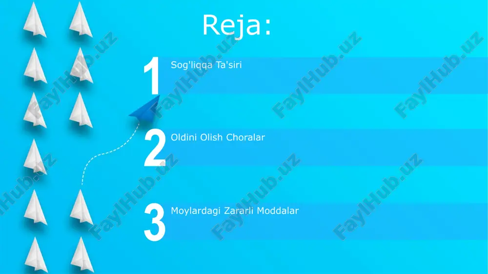 rdalarini bezovta qiladi, og'ir hollarda nafas olishni qiyinlashtiradi va 5-10% hollarda allergik reaksiyalarni keltirib chiqarishi mumkin. moylardagi zaharli metallarning ta'siri start qo'rg'oshin zaharlanishi bolalarda rivojlanishning kechikishiga, aqliy qobiliyatning pasayishiga va qon yaratish tizimining buzilishiga, gemoglobin darajasining 10 g/dl dan pastga tushishiga olib kelishi mumkin. mis va kadmiy kabi metallarning yuqori konsentratsiyasi buyrak va jigar faoliyatining buzilishiga, buyrak toshlari hosil bo'lishiga va buyrak yetishmovchiligiga olib kelishi mumkin. kelajakdagi tadqiqotlar va istiqbollar biologik parchalanish tezligini aniqlash uchun 10 xil moy namunasi ustida tajribalar o'tkazish va ularning atrof-muhitga ta'sirini 20 yillik prognoz bilan baholash muhimdir. kelajakdagi tadqiqotlar moylar tarkibidagi 5 dan ortiq zararli moddalarning uzun muddatli ta'sirini aniqlashga qaratilishi kerak, bu esa sog'liqqa 10 yildan keyingi ta'sirini o'rganishni o'z ichiga oladi. moylarni xavfsiz iste'mol qilish bo'yicha tavsiyalar moylarni sutkada 2-3 mahaldan ko'p iste'mol qilmaslik tavsiya etiladi, har bir qabulda 15-20 grammdan oshmasligi kerak. ortiqcha iste'mol qilish sog'liq uchun xavfli bo'lishi mumkin. moylarni issiqlik …