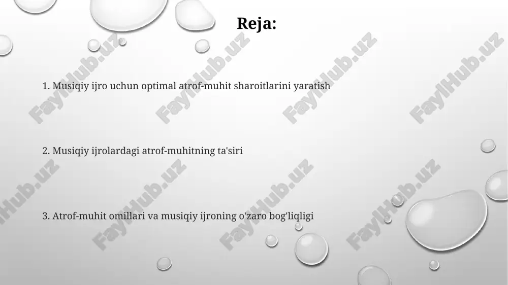 tishi mumkin, ijodiy jarayonni uygʻunlashtiradi. toʻgʻri ovoz balansi va akustikasi 100 dan ortiq tomoshabinga moʻljallangan konsert zallarida muhim ahamiyatga ega boʻlib, musiqiy asarning aniqligi va taʼsirchanligini 20% ga oshirishi mumkin. yuqori sifatli audio tizimlar, masalan, 96khz chastotali sample rate ga ega boʻlganlar, musiqa ijrosining dinamik diapazonini kengaytirib, tovushlarning boyligini va tafsilotlarini 15db ga yaxshilaydi. musiqiy ijrolardagi atrof-muhitning ta’siri tomoshabinlar soni va ularning joylashuvi, shuningdek, 60-70 db atrofidagi fon shovqin darajasi musiqachilarning ijro texnikasiga va sahnadagi o‘zaro ta’siriga ta’sir qiladi, hissiy stressni keltirib chiqarishi mumkin. harorat, namlik va shamollash kabi mikroiqlim parametrlari musiqa asboblarining kayfiyatiga (masalan, yog‘ochli asboblar uchun 20-25% nisbiy namlik optimal) va musiqachilarning ijro qobiliyatiga salbiy ta’sir qilishi mumkin. musiqiy ijrolarning akustikasi, xona hajmi (masalan, 1000 kub metr) va tovush yutilish koeffitsiyenti kabi omillar ijroning umumiy sifatiga sezilarli ta’sir ko‘rsatadi, ba’zan 3 db ga yaqin farqni keltirib chiqaradi. havoning harorati va namligi sahnadagi akustika va 50-60% oraligʻidagi oʻrtacha namlik …