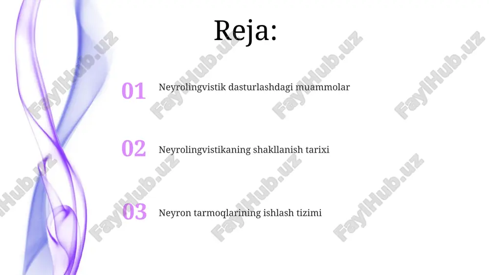 ng mohiyati nlp samarali muloqot va oʻz-oʻzini rivojlantirishga yoʻnaltirilgan bo'lib, insonning dunyoqarashi va xulq-atvorini o'zgartirishga yordam beradi. neyrolingvistik dasturlash (nlp) 1970-yillarda paydo bo'lib, 3 ta asosiy tushunchaga – neyro (hissiyotlar), tilshunoslik (muloqot) va dasturlash (harakatlarni boshqarish) – asoslangan. neyrolingvistikaning psixologiya, nevrologiya va tilshunoslik bilan aloqasi ushbu soha miya shikastlanishlarining nutq faoliyatiga ta'sirini, masalan, afaziya holatini o'rganishga qaratilgan bo'lib, bu 3 ta sohaning integratsiyasi natijasidir. neyrolingvistika 70-yillarda paydo bo'lib, psixologiya, nevrologiya va tilshunoslik fanlarini o'z ichiga oladi, shu bilan birga neyropsixologiya bilan chambarchas bog'liqdir. neyrolingvistikaning shakllanish tarixi miya nutq zonasining shikastlanishi va nutq faoliyatining buzilishi ibn sino va beruniy asarlarida qayd etilgan bo'lsa-da, chuqurroq o'rganish xix asrning ikkinchi yarmidan boshlandi. neyrolingvistika 70-yillarda psixologiya, nevrologiya va tilshunoslik fanlari o'rtasida paydo bo'lib, neyropsixologiya bilan chambarchas bog'langan. neyron tarmoqlarining ishlash tizimi tarmoqning o'rganish jarayoni og'irlik koeffitsiyentlarini o'zgartirish orqali amalga oshiriladi, bu esa tarmoqning kirish ma'lumotlariga qarab chiqishini o'zgartirish imkonini beradi. masalan, 1000 ta neyronli …