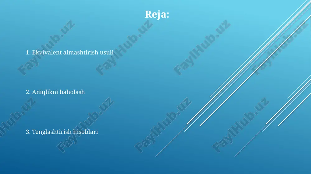 teng qilib tarqatiladi va keyinchalik 4 va 5-yo‘llarni yolg‘iz nivelir yo‘li kabi tenglashtirish amalga oshiriladi. tenglashtirilgan qiymatlarning aniqligini baholash tenglashtirilgan absolut balandlikning oʻrta kvadratik xatosi, vazn birligida oʻrtacha kvadratik xatolik (µ) va yoʻl uzunligi (l) ga bogʻliq holda hisoblanadi; aniqlikni oshirish uchun yoʻlning uzunligi kamaytiriladi va oʻrta kvadratik xatolik kamayadi. eng zaif nuqtadagi oʻrta kvadratik xatolikni topish uchun, yoʻlning eng kuchsiz nuqtasining vazni (p e ), oʻlchashning oʻrtacha kvadratik xatosi (m h ) va yoʻl uzunligi (l) ga bogʻliq formuladan foydalaniladi. 49 km uzunlikdagi yo'lning eng kuchsiz nuqtasida oʻrta kvadratik xatolikni topish uchun, m h = ±3 mm deb faraz qilsak, ±10.5 mm ga teng boʻladi; bu aniqlikni pastligi yoʻlning uzunligini kamaytirish orqali yaxshilash mumkin. xulosa ekvivalent almashtirish usuli bilan tekislikdagi nivelir tarmog'ini tenglashtirishda, ikkita tugun nuqtalarning har biriga ikkita yo'l tutashgan bo'lsa, bu ikki yo'lni bitta ekvivalent yo'l bilan almashtirish mumkin. ekvivalent yo'lning vazni dastlabki ikki yo'lning vaznlarining yig'indisiga …