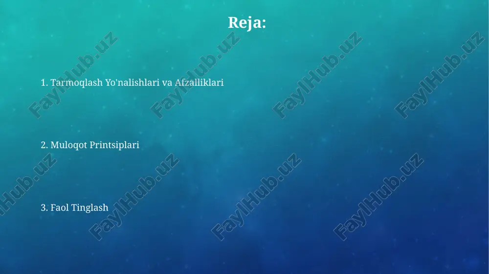 so'rash va qayta so'zlash orqali so'zlovchining fikrini aniqlashtirish kerak. tanqidiy fikrlash va muloqot tanqidiy fikrlash jarayonida kamida 3 ta manbadan ma'lumot olish va ularni 5 ta mezon bo'yicha tahlil qilish samaradorlikni 20% ga oshiradi. samarali tinglash texnikasini qo'llash, muloqotning 40% vaqtini tejaydi va fikr almashish tezligini 2 barobar oshiradi. muvaffaqiyatli muloqot misollari muvaffaqiyatli muloqotning 3 bosqichli modeli: tayyorgarlik (20%), muloqot (60%), natijalarni tahlil qilish (20%) samarali natijalarga olib keladi. nutq tezligi, pauzalar va tana tili kabi non-verbal kommunikatsiya elementlarini 70/30 nisbatida qo'llash tinglovchilar bilan kuchli aloqa o'rnatishga yordam beradi. to'siqlarni bartaraf etish noaniqlikni bartaraf etish uchun, 7 +/- 2 qoidasini yodda tutib, muloqotda aniq va qisqa xabarlarni ishlatish maqsadga muvofiqdir. bu esa tushunmovchiliklarni kamaytiradi. guruhdagi 3 yoki undan ortiq ishtirokchi o'rtasida yuzaga kelgan to'siqlarni bartaraf etish uchun, 2-3 ta aniq echimlar taklif qilish va ularni baholash kerak. tarmoqlash va muloqotni amalga oshirish muvaffaqiyatli muloqotning 55% tananing tilini, 38% ovoz ohangini, …