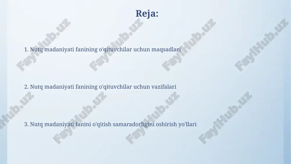 o'quvchilari 20 ta turli mavzularda monologik va dialogik nutqlarni qurish, argumentlar keltirish ko'nikmalarini egallashi kerak. nutq madaniyati fanining maqsadi o'quvchilarning 10 ta asosiy nutq ko'nikmalarini, jumladan og'zaki va yozma nutqni, muloqot madaniyatini rivojlantirishdan iborat. o'qituvchilar uchun nutq madaniyati fanining ahamiyati samarali ta'lim jarayoni uchun o'qituvchilarning nutq madaniyati bo'yicha 3 ta asosiy kompetensiya – tinglash, gapirish va yozish ko'nikmalarini rivojlantirish juda muhim. nutq madaniyati fanini o'qitish, o'qituvchilarning 50% dan ortig'ining professional muloqot ko'nikmalarini 20% ga yaxshilashga yordam beradi, bu esa ta'lim sifatini oshiradi. nutq madaniyati fanining vazifalari o‘qituvchilarning nutq madaniyati darajasi o‘quvchilarning ona tiliga bo‘lgan munosabatiga, so‘z boyligiga, fikrlash va ifodalash qobiliyatlariga ijobiy ta’sir ko‘rsatadi, bu kamida 20% ga o‘quv natijalarini yaxshilashga yordam beradi. darsliklar va qo‘llanmalar orqali kamida 3 ta turli nutq janrini (rasmiy, norasmiy, ilmiy) o‘rganish va ularni amaliyotda qo‘llash bo‘yicha kompetensiyalarni rivojlantirish vazifasi qo‘yilgan. nutq madaniyati fanining maqsadlari ushbu fan 3 ta asosiy yo‘nalish – og‘zaki nutq, yozma …