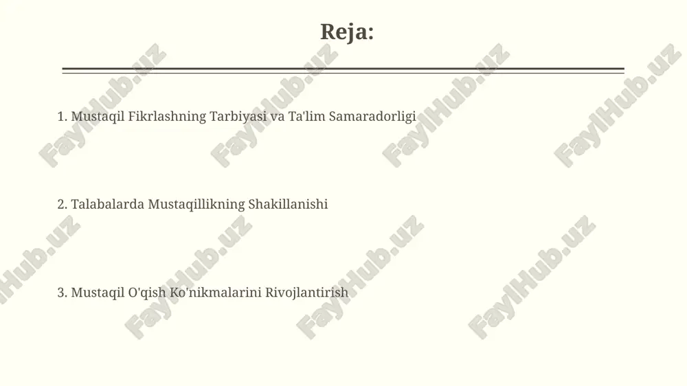 h ularning ijodiy qobiliyatlarini 25% ga yaxshilaydi. o'quvchilarning mustaqil ishlash ko'nikmalarini shakllantirishda 3 bosqichli yondashuv (tayyorgarlik, amaliyot, baholash) samaradorligini 20% ga oshiradi. zamonaviy texnologiyalardan foydalanish interaktiv o'yinlar va simulyatsiyalar, jumladan, vr/ar texnologiyalari yordamida 50% ga yaqin talabalar amaliy ko'nikmalarni mustaqil ravishda egallashda sezilarli yutuqlarga erishmoqda. o'z-o'zini baholash uchun mo'ljallangan 20 dan ziyod dasturiy ta'minotlarning mavjudligi, talabalarning mustaqilligini rivojlantirishda va o'z ishlarini tanqidiy tahlil qilish qobiliyatlarini 25% ga yaxshilashda muhim rol o'ynaydi. kelajakdagi istiqbollar talabalarda mustaqil tadqiqotlar o'tkazish ko'nikmalarini rivojlantirish, 3 dan ortiq manbalardan foydalanish orqali, bilimlarni chuqurroq anglashga va innovatsion yechimlarni ishlab chiqishga yordam beradi. o'z-o'zini boshqarish va mas'uliyatni oshirish, o'rtacha 25% ga o'quv jarayonida faol ishtirok etishni yaxshilaydi, bu esa kelajakdagi raqobatbardosh mutaxassislar tayyorlashga hissa qo'shadi. o'quv jarayonining samaradorligini oshirish interaktiv o'quv uslublarini qo'llash orqali 30% ga yaqin talabalarda mustaqil bilim olish va tadqiqot o'tkazish ko'nikmalari rivojlanadi, natijada akademik ko'rsatkichlar yaxshilanadi. o'quv jarayonining samaradorligini oshirishda talabalarning mustaqil fikrlash qobiliyatini …