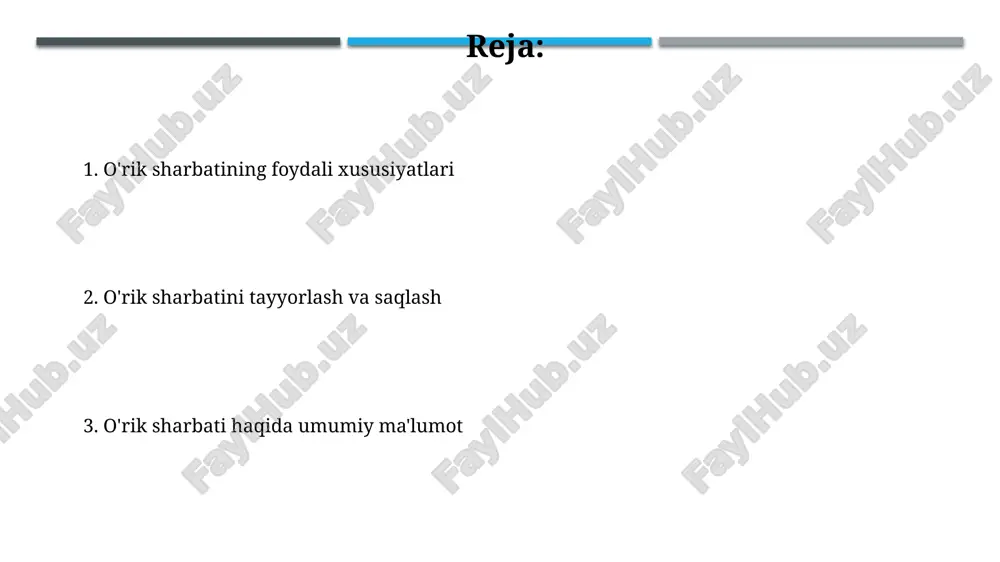 kin, bu esa mahsulotning ta'mi va xushbo'yligiga ta'sir qiladi. bozordagi o'rik sharbati brendlari va ularning taqqoslanishi o'rik sharbati bozorida taqdim etilayotgan mahsulotlarning 70% dan ortig'i pasterizatsiya qilingan bo'lib, bu saqlash muddatini uzaytiradi, biroq ayrim brendlar to'liq tabiiy, konservantsiz mahsulotlarni taklif qilishadi. o'zbekistondagi bozorda kamida 5 ta yirik o'rik sharbati brendi mavjud bo'lib, ularning narx oralig'i 10 000 so'mdan 25 000 so'mgacha o'zgaradi, bu esa iste'molchilar uchun tanlov imkoniyatlarini kengaytiradi. o'rik sharbatidan foydalanish bo'yicha maslahatlar o'rik sharbati tarkibidagi antioksidantlar immunitet tizimini mustahkamlashga yordam beradi, shuning uchun uni gripp yoki shamollash mavsumida kuniga 150-200 ml iste'mol qilish tavsiya etiladi. o'rik sharbatini kuniga 1-2 stakandan ko'p ichmang, chunki u yuqori miqdorda tabiiy shakar saqlaydi va ortiqcha iste'mol qilish vazn ortishiga olib kelishi mumkin. e'tiboringiz uchun rahmat @taqdimot_robot image1.jpg image2.jpg image3.jpg image4.jpg image5.jpg image6.jpg image7.jpg