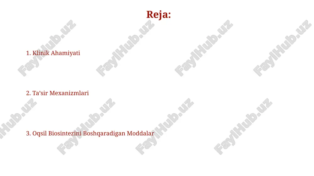 a jarayonini bloklash orqali to'xtatadi. aminoglikozidlar, masalan, streptomitsin, 30s ribosoma subbirligiga bog'lanib, mrna ning to'g'ri o'qilishini buzadi va shunday qilib, noto'g'ri aminokislotalarning kiritilishiga olib keladi. eukaryotlarda oqsil biosintezini ingibitsiyasi eukaryotlarda oqsil biosintezining 80s ribosomalariga ta'siri tufayli sikloheksimid kabi inhibitorlar oqsil sintezi tezligini 50% gacha kamaytirishi mumkin. rafamitsinlar kabi ba'zi antibiotiklar rnk polimerazalarini ingibitsiyasi orqali eukaryotik hujayralardagi transkripsiyani to'xtatib, oqsil sintezi jarayonini blokirovka qiladi. prokaryotlarda oqsil biosintezini ingibitsiyasi aminoglikozidlar, masalan, streptomisin, 30s ribosomal subbirlikka ta'sir qilib, oqsil sintezi aniqligiga xalaqit beradi va mrna translatsiyasini buzadi, natijada notoʻgʻri oqsillar hosil boʻladi. rifampisin kabi ba'zi inhibitorlar bakteriyalar rnk polimerazasi faoliyatini toʻxtatib, mrna transkripsiyasini bostiradi va shu bilan oqsil sintezi uchun zarur boʻlgan mrnkni hosil boʻlishini oldini oladi. oqsil biosintezini ingibitorlarining klinik qo'llanilishi oqsil biosintezini ingibitorlari, masalan, tetrasiklinlar, bakteriyalar riboosomalarning 30s subbirligiga bog'lanib, 70% ga yaqin bakteriyalar o'sishini to'xtatadi va ko'plab bakteriya infektsiyalarida qo'llaniladi. sitostatik dori vositalari, masalan, metotreksat, dihidrofolat reduktazani inhibe qilib, dnk …