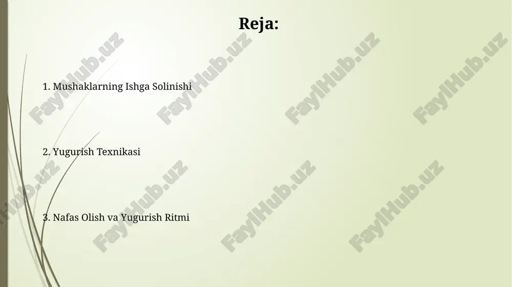 k, bu esa mushaklarning samarali ishlashini va muvozanatni saqlashga yordam beradi. oyoqning to'g'ri qo'nish joyi va qadam uzunligining optimal nisbati (taxminan 1,5-2 marta qadam uzunligi) muvozanatni saqlash va jarohatlardan himoya qilish uchun juda muhimdir. qo'llar va elkalar harakati qo'llar 90-110 gradus burchak ostida, tanaga yaqin bo'lib, oldinga va orqaga 30-40 sm amplituda harakatlanishi kerak, ortiqcha kuch sarflamasdan. elkalarni bo'shashtirib, tabiiy holatda ushlab turish muhim, ortiqcha kuchlanish mushaklarning tez charchab qolishiga olib keladi. bu 15-20% ga samaradorlikni pasaytiradi. qadam uzunligi va chastotasi taxminan 180 qadam/minut chastota va optimal qadam uzunligi bilan yugurish, energiya sarfini kamaytirish va yugurish texnikasini yaxshilashga yordam beradi, bu esa mushaklarning charchashini oldini oladi. optimal qadam uzunligi va chastotasi yuguruvchining individual xususiyatlariga, masalan, bo'yi va oyoq uzunligiga bog'liq bo'lib, odatda daqiqada 170-185 qadam oralig'ida bo'ladi. e'tiboringiz uchun rahmat @taqdimot_robot image1.jpg image2.jpg image3.jpg image4.jpg image5.jpg image6.jpg image7.jpg