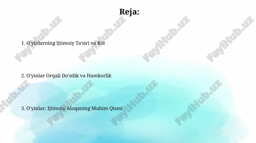 i o'yinlar, 4-6 nafar o'yinchidan iborat jamoaviy ishda birgalikda maqsadlar qo'yish, muloqot qilish va bir-birini qo'llab-quvvatlash qobiliyatlarini sinab ko'radi. strategik o'yinlar, masalan, shaxmat yoki "settlers of catan", taktik fikrlashni, rejalashtirishni va kamida 2 nafar o'yinchi o'rtasidagi muvofiqlashtirish ko'nikmalarini rivojlantiradi. o'yinlar va ta'lim rol o'ynash o'yinlari ijtimoiy ko'nikmalarni, jamoada ishlashni va 5-7 yoshli bolalarda empatiya rivojlanishini rag'batlantiradi, bu esa tengdoshlari bilan munosabatlarni yaxshilashga yordam beradi. kompyuter o'yinlari, agar o'rtacha 1-2 soatdan oshmasa, reaktsiya tezligini va qo'l-ko'z muvofiqlashuvini yaxshilaydi, ba'zi o'yinlar esa ingliz tili kabi tillarni o'rganishga ham yordam beradi. o'yinlar orqali do'stlikni mustahkamlash tanlangan o'yinlarning turli xil qoidalar va mexanizmlari, o'yinchilarni muammolarni hal qilishga, kompromissga borishga va bir-birlarini yanada yaxshiroq tushunishga majbur qilib, do'stlik rishtalarini mustahkamlaydi. o'yinlar, ayniqsa jamoaviy o'yinlar, 5-10 kishidan iborat guruhlarda o'zaro hamkorlikni, strategik fikrlashni va muloqotni kuchaytirish orqali do'stlikni mustahkamlashga yordam beradi. o'yinlar orqali madaniy almashinuv o'yinlar orqali 20 dan ortiq turli xalqlarning an'anaviy raqs va qo'shiqlarini …