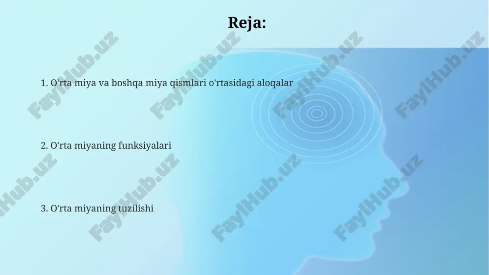 nishi ataksidaning rivojlanishiga, tremor va gipo/gipertoniyaga olib kelishi mumkin, bu esa harakatlarning aniqligiga salbiy ta'sir qiladi. uning asosiy vazifasi ekstrapiramidal yo'l orqali mushaklarning ohangini va harakatlarni muvofiqlashtirishda ishtirok etishdir, ya'ni taxminan 70% rubrospinal trakt orqali amalga oshadi. katta miyaga o'tuvchi yo'llar o'rta miyaning tegmentum qismida joylashgan qizil yadrolar 60 dan ortiq efferent yo'llarga ega bo'lib, harakatlarni rejalashtirish va bajarishda muhim rol o'ynaydi. nigrostriatal yo'l, dopamin ishlab chiqaruvchi neyronlarning substantia nigra dan kaudat yadro va putamenga uzatadigan asosiy yo'llaridan biri bo'lib, harakatlarni nazorat qilishda muhim ahamiyatga ega. tektumdagi superior kolikuluslardan kelib chiqadigan retino-tektal yo'llar, vizual ma'lumotlarni qayta ishlashda ishtirok etadi va ko'z harakatlarini, shuningdek, boshni harakatini boshqarishda muhim rol o'ynaydi. tegmentum va uning funksiyalari periaqueductal kulrang modda (pag) tegmentumda joylashgan bo‘lib, og‘riqni kamaytirish va avtonom nerv sistemasi faoliyatini 12 ta kranial nervlar orqali boshqarishda muhim rol o‘ynaydi. qizil yadro (nucleus ruber) tegmentumning tarkibiy qismi bo‘lib, uning 2 ta asosiy qismi – …