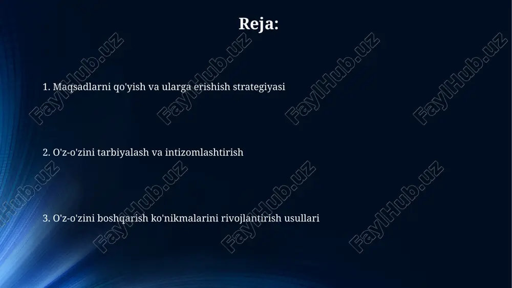 qilishda 5-20 daqiqalik muntazam mashg'ulotlarni, masalan, meditatsiya yoki jismoniy mashqlarni, miya faoliyatini oshirish va kayfiyatni yaxshilash uchun samarali vosita sifatida qo'llash mumkin. maqsadlarni aniq va o'lchanuvchi (smart) qilib belgilash – muvaffaqiyat ehtimolini 70% ga oshiradi va o'z-o'zini intizomlashni kuchaytiradi, chunki aniq yo'nalish bor. sog'lom turmush tarzini shakllantirish to'g'ri va muvozanatli ovqatlanish, kunlik kaloriyalar miqdorini nazorat qilish va 5 ta asosiy oziq-ovqat guruhlaridan foydalanish orqali, sog'lom vaznni saqlash va metabolizmni yaxshilash mumkin. sog'lom turmush tarzini shakllantirish uchun kuniga kamida 30 daqiqa jismoniy faoliyat bilan shug'ullanish, masalan, yugurish yoki suzish kabi, muhim hisoblanadi, bu yurak-qon tomir salomatligini yaxshilashga yordam beradi. o'z-o'zini boshqarish ko'nikmalarini rivojlantirishning ahamiyati o'z-o'zini boshqarish ko'nikmalari shaxsiy samaradorlikni 20-30% ga oshirishi va stress darajasini 15-20% ga kamaytirishi ilmiy jihatdan isbotlangan. bu esa hayot sifatining sezilarli yaxshilanishiga olib keladi. ishga qabul qilish jarayonida ish beruvchilar 70% dan ortiq hollarda nomzodning o'z-o'zini boshqarish, mustaqil ishlash va vaqtni samarali boshqarish ko'nikmalariga e'tibor qaratishadi. …