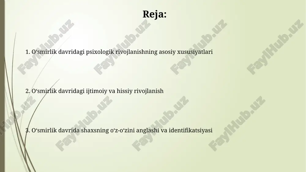 ’sir qilishi mumkin. jismoniy o'zgarishlar va psixologik ta'siri tananing yangi shakllari va o'zgarishlari o'smirlarning o'z tanasiga bo'lgan munosabatiga, o'ziga bo'lgan ishonchiga va ijtimoiy munosabatlariga sezilarli ta'sir ko'rsatishi mumkin, bu esa 15-20% o'smirlarda tana tasviri bilan bog'liq muammolarni keltirib chiqarishi mumkin. qizlarda hayz ko'rishning boshlanishi va yigitlarda sperma hosil bo'lishi kabi gormonal o'zgarishlar kayfiyatning keskin o'zgarishi, tashvish va depressiya xavfini oshirishi mumkin. o'smirlik davrida ruhiy salomatlik muammolari modda suiiste'moli va giyohvandlik o'smirlik davrida ruhiy salomatlik muammolari bilan bog'liq bo'lib, bu 20% dan ortiq o'smirlarga ta'sir qiladi va psixotik alomatlarga olib kelishi mumkin. o'smirlik davrida depressiya va xavotir buzilishlari 15-25% gacha o'smirlarda uchraydi, bu esa o'qishdagi muvaffaqiyatsizlik va ijtimoiy izolyatsiyaga olib kelishi mumkin. o'z-o'zini anglash va o'ziga ishonch muvaffaqiyatsizliklardan keyin oʻziga boʻlgan ishonchni tiklash uchun oʻsmirlarga konstruktiv tanqid va qoʻllab-quvvatlash kerak; bu jarayon taxminan 2-3 oy davom etishi mumkin. oʻziga ishonchning shakllanishiga hissa qoʻshadigan muhim omillardan biri bu tengdoshlar bilan oʻzaro munosabatlar …