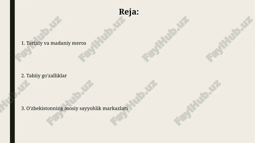 ari mavjud bo'lib, har bir mintaqaning o'ziga xos non pishirish uslubi va retseptlari mavjud. bu gastronomik sayohatlar uchun ajoyib imkoniyat yaratadi. samarqand va buxoroning tarixiy bozorlarida 100 dan ortiq turdagi meva va sabzavotlarni topishingiz mumkin, bu esa mahalliy taomlarning boyligidan dalolat beradi. o'zbekiston milliy parklari oʻzbekiston milliy parklarining umumiy maydoni 5 milliondan ortiq gektarni tashkil etadi, bu mamlakat hududining taxminan 1,6% ni qamrab oladi. milliy parklarda 200 dan ortiq qushlarning, 50 dan ortiq sut emizuvchilarning va koʻplab hashoratlarning turlari mavjud boʻlib, ularning aksariyati yovvoyi tabiatni muhofaza qilish xalqaro ittifoqining qizil kitobiga kiritilgan. chotqol tog'lari ushbu tog' tizmasidagi ko'llarning soni 100 dan ortiq bo'lib, ularning aksariyati toza, musaffo suvga ega bo'lib, baliqchilik va dam olish uchun juda mos keladi. chotqol tog'larining o'simlik dunyosi juda boy bo'lib, 200 dan ortiq dorivor o'simliklar turi uchraydi, ulardan ko'plari an'anaviy tibbiyotda qo'llaniladi. buxoro: qadimgi karvonsaroylar va masjidlar buxoro shahridagi 20 dan ortiq tarixiy karvonsaroylarning arxitekturasi …