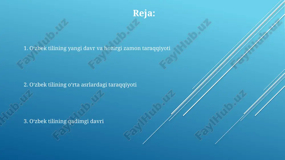 nlangan. 1920-1930 yillarda o'zbek adabiyotida yangi uslub, yangi mavzular paydo bo'lib, bu jarayonga sovet ideologiyasi kuchli ta'sir ko'rsatgan va adabiy tilning rivojlanishiga ham ta'sir qilgan. qadimgi turk tillari davri bu davrda o'zbek tilining leksikasida ko'chmanchi hayot tarziga xos bo'lgan 200 dan ortiq so'zlar mavjud edi, ularning aksariyati turkiy tillar oilasiga mansub. qadimgi türk yozuvlari, milodiy v asrdan boshlab, orxon-yenisey yodgorliklarida 10 dan ortiq runa belgilaridan foydalanib, o'zbek tilining ilk shakllarini aks ettiradi. "qadimgi turk tillari davri"da tilning morfologik tuzilishi agglutinativ bo'lib, qo'shimchalar soni 5-7 tagacha yetadi. mustaqillikdan keyingi davr mustaqillikdan keyingi davrda o'zbek tilida 1000 dan ortiq yangi so'z va terminlar paydo bo'lib, lug'at boyligini yanada kengaytirdi. o'zbek tilining davlat tili sifatidagi mavqeini mustahkamlashga qaratilgan 20 dan ortiq qonun va hujjatlar qabul qilindi. davlat ta'lim muassasalarida o'zbek tilini o'rgatish metodikasini takomillashtirish bo'yicha 5 yillik davlat dasturi amalga oshirildi. temuriylar davri temuriylar davrida o'zbek tilining adabiy shakli yanada boyidi, 15-16-asrlardagi ko'plab …