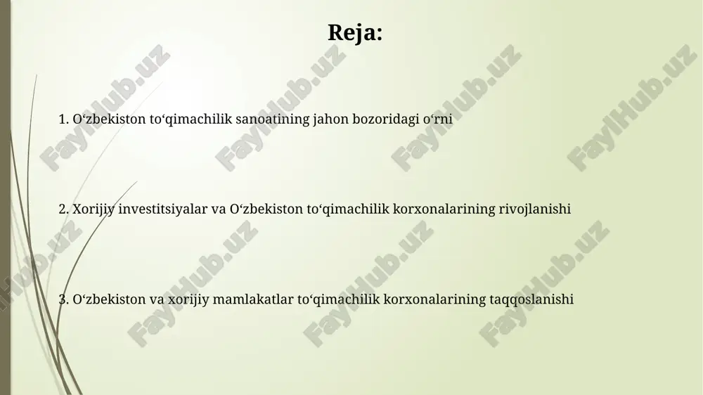 larga muvofiqlashtirish orqali, 10% gacha energiya tejash va ishlab chiqarish samaradorligini 15% ga oshirish mumkin. hamkorlik imkoniyatlari yevropa ittifoqi mamlakatlari bilan organik paxta yetishtirish va eksport qilish bo‘yicha hamkorlikni rivojlantirish, yillik daromadni 15 million dollarga yetkazish imkoniyatini beradi. texnologik yangilanishlarni amalga oshirish uchun jahon bozorida yetakchi 3 ta kompaniya bilan hamkorlik qilish, mahsulot sifatini 10% ga yaxshilashga va xarajatlarni 5% ga kamaytirishga yordam beradi. oʻzbekiston va xorijiy mamlakatlar toʻqimachilik korxonalarining taqqoslashi oʻzbekiston paxta tozalash zavodlarining soni xorijiy mamlakatlarga nisbatan ancha kam boʻlsa-da, ularning texnologik jihozlanishi yiliga 15% ga oʻsib, jahon standartlariga yaqinlashmoqda. oʻzbekiston toʻqimachilik korxonalarining eksport hajmi xorijiy raqobatchilarga nisbatan past boʻlib, taxminan 5-10% ni tashkil etadi, bu marketing va logistika muammolari bilan bogʻliq. bozor tahlili va prognozlar 2023 yilda o'zbekistonning paxta tolasi eksporti 15% ga o'sdi, bu esa xorijiy to'qimachilik korxonalari uchun talabning ortishini ko'rsatadi va kelgusi yillarda bu o'sish 10-12% davom etishi kutilmoqda. o'zbekiston paxta tolasining sifati yaxshilanishi …