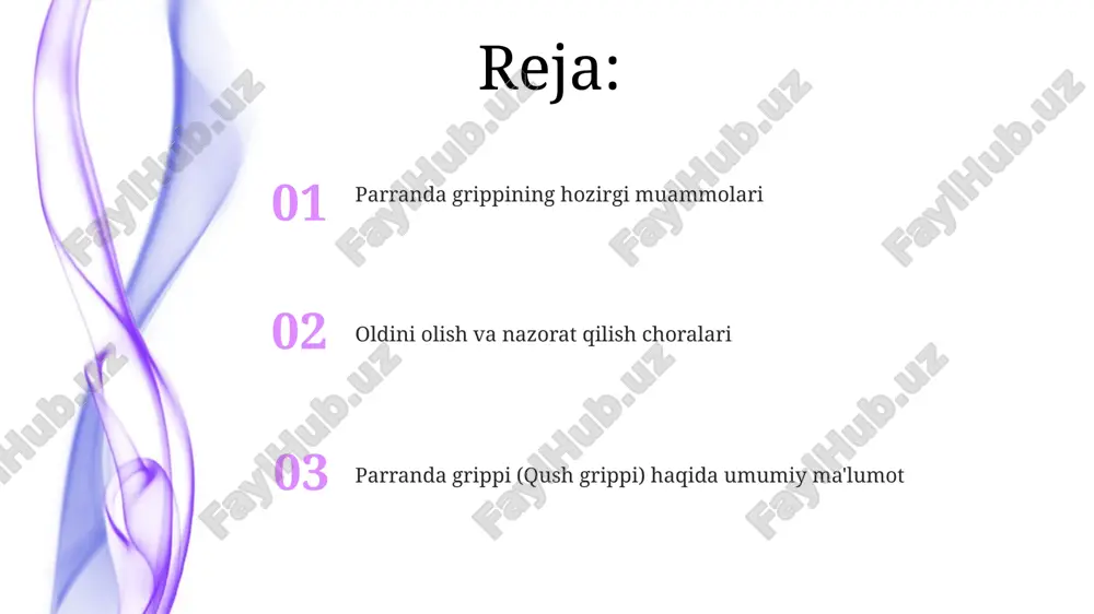 darajasi bilan tavsiflanadi. parranda grippining oldini olish va davolash uchun vaktsinalardan foydalanish, qushlarni karantin qilish, dezinfeksiya qilish va xalqaro hamkorlik kabi choralar qoʻllaniladi, bu esa kasallikning tarqalishini kamaytirishga yordam beradi. kelajakdagi tadqiqotlar parranda grippining tarqalishini oldini olish bo'yicha samarali strategiyalarni ishlab chiqish uchun, kamida 5 yil davomida epidemiologik kuzatuvlar va ma'lumotlar tahlili asosida 100,000 dan ortiq qush namunalarini o'rganish lozim. kelajakdagi tadqiqotlar virusning 10 dan ortiq subtipini aniqlash va ularning patogenligi darajasini, xususan, h5n1 va h7n9 ning insonlarga yuqishi ehtimolini batafsil o'rganishga qaratilishi kerak. virusning kelib chiqishi va tarqalishi virusning tarqalishida, asosan, infektsiyalangan qushlar bilan bevosita aloqa, shuningdek, ifloslangan atrof-muhit orqali yuqish mexanizmlari muhim rol o'ynaydi. genetik mutatsiyalar natijasida, virusning yangi shtammlari paydo bo'lib, ularning yuqumliligi va patogenligi o'zgarib, 10% ga yaqin odamlarda o'limga olib kelishi mumkin. yuqumlanish yo'llari yuqumli kasallikka chalingan qushlar bilan bevosita aloqa, ya'ni 5 metrgacha yaqinlashish yuqish xavfini sezilarli darajada oshiradi. qushlarning axlatlari orqali yuqishi mumkin, …