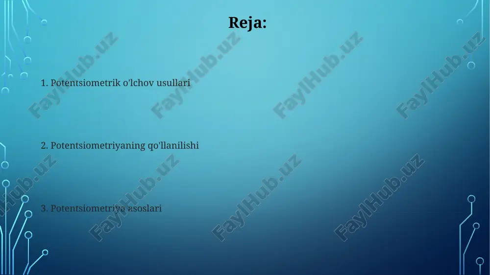 rasiyasi yoki elektrod potensialini aniqlash mumkin, bu esa potentiometrik tahlilda muhim rol o'ynaydi. amaliy qo'llanilishi tibbiyotda qonning ion tarkibini (masalan, k+, na+, ca2+) aniqlashda 0,1 mv gacha aniqlik bilan potensiometrik usullar muhim rol o'ynaydi, bu diagnostika uchun juda muhimdir. potensiometriya ph ni aniqlashda keng qo'llaniladi, masalan, oziq-ovqat sanoatida mahsulot sifatini nazorat qilishda 3 dan 8 gacha bo'lgan ph oralig'ini aniq o'lchash imkonini beradi. potensiometriya nima? ushbu usulda, indikator elektrod va standart elektrod orasidagi potentsial farq nernst tenglamasi yordamida eritmadagi analitning faolligi (konsentratsiyasi) bilan bog'liq bo'ladi, bu esa aniq miqdoriy tahlilni ta'minlaydi. potensiometrik titrlashda, titrlovchi eritmaning qo'shilishi bilan potentsialning o'zgarishi kuzatiladi va tenglama nuqtasi potentsialning keskin o'zgarishi orqali aniqlanadi, bu esa titrlashning aniqligini oshiradi. o'lchov sxemalari ikkita elektrodli tizimlarda, masalan, ph-metrda, standart elektrod (masalan, kumush xlorid elektrodi) va ko'rsatkich elektrodi orasidagi potentsial farq 0 dan 14 gacha bo'lgan ph qiymatlarini aniqlashga imkon beradi. potensiometrik titrlashda, ekvivalentlik nuqtasini aniqlash uchun potentsialning o'zgarishiga …