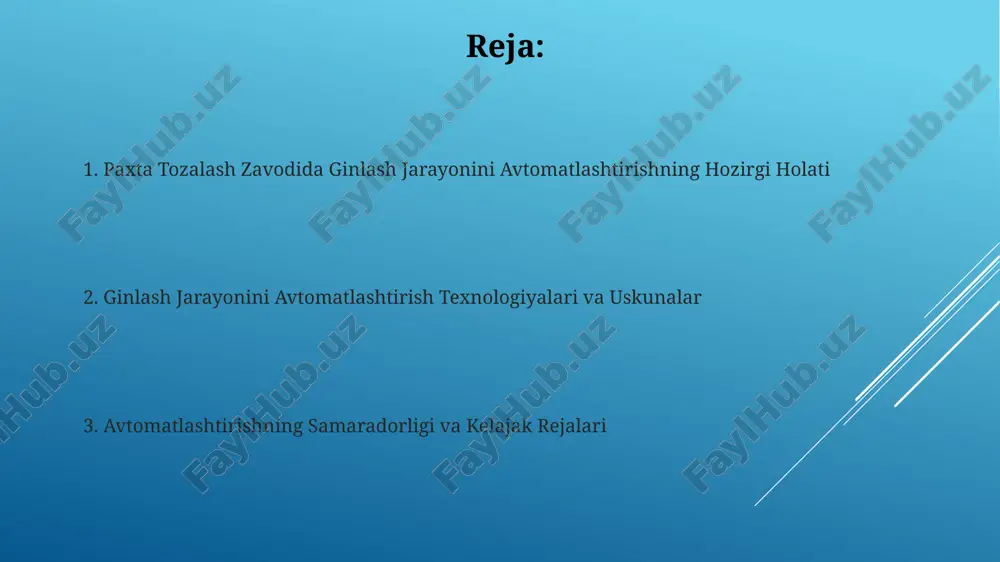 olingan 1000 ta namunadan 98% to'g'ri natijalar berildi, bu esa tizimning yuqori ishonchlilik darajasini ko'rsatadi. avtomatlashtirilgan tizim kuniga 5000 kg paxta tolasi sifatini nazorat qilib, 99% aniqlik bilan ma'lumotlarni tahlil qiladi va kamchiliklarni aniqlaydi. sensorlar va boshqaruv tizimlari zamonaviy plk (programmable logic controller) tizimlari 50 dan ortiq parametrni nazorat qilib, real vaqt rejimida paxta tozalash jarayonini boshqaradi va optimallashtiradi. paxta tolalarining sifatini onlayn monitoring qilish uchun yuqori aniqlikdagi optik sensorlardan foydalaniladi, bu esa 98% gacha aniqlik bilan avtomatik tartibga solishni ta'minlaydi. mavjud jinlash texnologiyalari va ularning kamchiliklari paxta terish va tozalashning an'anaviy usullari mehnat unumdorligining pastligi (20-30% kam) va katta miqdordagi chiqindilar hosil bo'lishi bilan tavsiflanadi. ba'zi jinlash mashinalari (masalan, rollerli jinlar) 30% gacha paxta tolalarining shikastlanishiga olib kelishi mumkin, bu esa tola sifatini pasaytiradi. energetika samaradorligi va ekologik jihatlari avtomatlashtirilgan paxta tozalash jarayoni energiya sarfini 15-20% ga kamaytirishi mumkin, bu esa iqtisodiy foyda keltiradi va ekologik iz qoldiqlarini minimallashtiradi. …