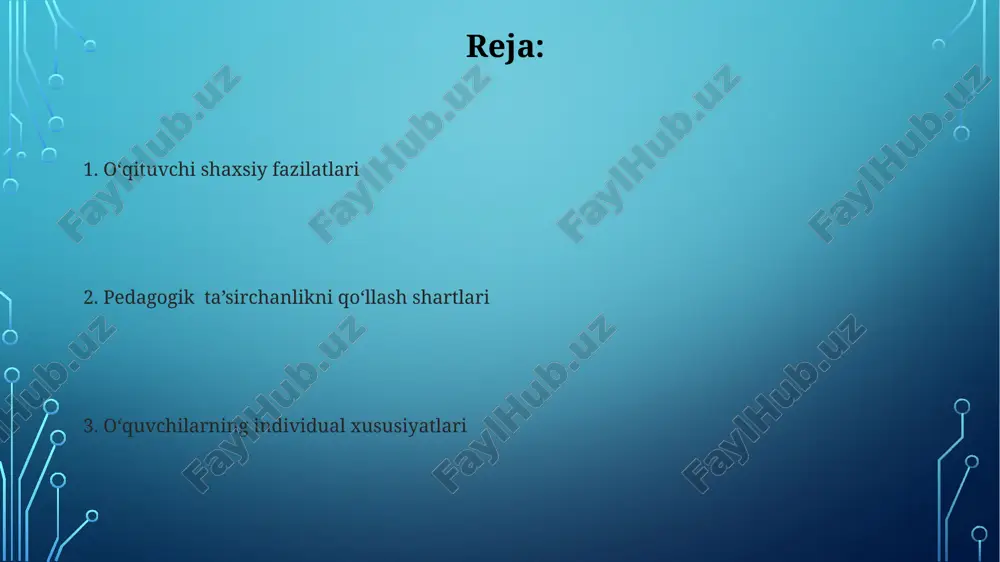 5 dan ortiq o'quvchi aniqlanganda va ularning o'qishga bo'lgan motivatsiyasi past bo'lsa, pedagogik taktning samarali qo'llanilishi muhim ahamiyat kasb etadi. o'quv jarayonining tashkil etilishi har bir darsda kamida 2 ta turli xil o'quv vositalaridan (masalan, interaktiv doska, slaydlar, amaliy topshiriqlar) foydalanish orqali o'quv jarayonini yanada qiziqarli va tushunarli qilish mumkin. o'quv jarayonini samarali tashkil etish uchun kamida 3 ta o'quv uslubini (masalan, interaktiv, muammoli, loyihaviy) birlashtirish va ularning o'quvchilarning ehtiyojlariga moslashtirilganligini ta'minlash muhim. pedagogik takt qo'llash uchun shart-sharoitlar pedagogik taktni qo'llashda darsning maqsadi va vazifalari, o'quv materiallari murakkabligi va sinfning umumiy psixologik muhiti, 2-3 ta omilni hisobga olish muhim ahamiyat kasb etadi. samarali pedagogik takt uchun o'qituvchining o'ziga xos kommunikativ kompetensiyasi, empatiya darajasi va kamida 5 yillik pedagogik tajribasi katta ahamiyatga ega. e'tiboringiz uchun rahmat @taqdimot_robot image3.jpg image4.jpg image5.jpg image6.jpg image7.jpg image8.jpg image9.jpg image2.png