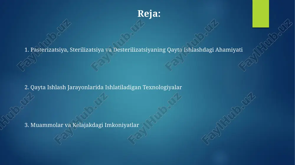 orining 15% ga o‘sishiga olib kelishi mumkin. qayta ishlash jarayonlarida pasterizatsiyaning qo'llanilishi suyuq qayta ishlangan mahsulotlarni, masalan, qayta ishlangan yog'larni, pasterizatsiya qilish orqali 72°c da 15 soniya davomida saqlash muddatini uzaytirish va mikrobiologik xavfsizlikni ta'minlash mumkin. qayta ishlashda pasterizatsiya, ayniqsa, oziq-ovqat qoldiqlaridan biogaz ishlab chiqarishda, 60-80°c haroratda 30-60 daqiqa davomida qo'llanilib, patogen mikroorganizmlar sonini kamaytiradi. pasterizatsiya, sterilizatsiya va de-sterilizatsiyaning qayta ishlashdagi ahamiyati pastörizatsiya qayta ishlash jarayonida 90°c dan yuqori haroratlarda mikroorganizmlar sonini 99,9% ga kamaytiradi, bu esa qayta ishlangan mahsulotning xavfsizligini oshiradi va chiqindilarni kamaytiradi. de-sterilizatsiya jarayoni qayta ishlangan materiallarning sterilligini olib tashlash orqali ularni keyinchalik boshqa jarayonlarda, masalan, kompostlashda ishlatish imkonini beradi, bu esa atrof-muhitga foydali ta'sir ko'rsatadi. de-sterilizatsiya jarayonlari va texnologiyalari de-sterilizatsiya jarayonlarida 121°c da avtoklavlash orqali bakteriyalar va sporalarning 99,999% yo'q qilinishi mumkin, bu esa qayta ishlash jarayonida xavfsizlik darajasini oshiradi. ultrabinafsha nurlanish (uv) yordamida de-sterilizatsiya qilish 254 nm toʻlqin uzunligidagi nur yordamida mikroorganizmlar dnk sini buzadi …