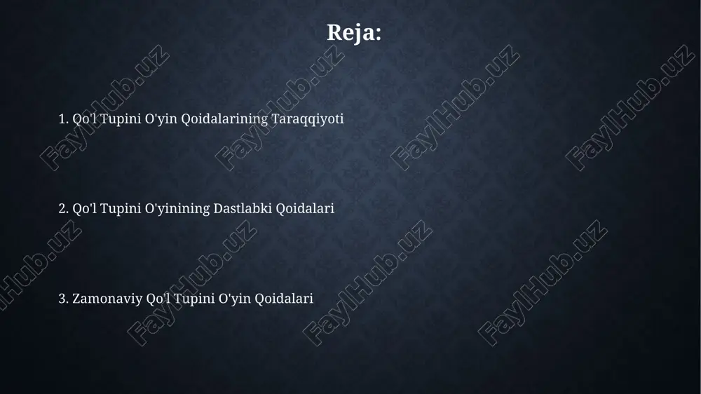 yaqin har xil turdagi tupinilar ishlatilgan bo'lishi ehtimoli yuqori, bu turli xil materiallardan tayyorlanganligi bilan farq qilar edi. dastlabki qoidalar og'zaki ravishda avloddan-avlodga o'tib kelgan bo'lib, "uchrashuvlar" deb nomlangan, aniq yozma hujjatlar mavjud emas edi. o'yin davomiyligi taxminan 30-45 minutni tashkil etgan. qo'l tupini o'yinining qoidalari tarixining ahamiyati qo'l tupini o'yinining qoidalari tarixi, o'yinning 15-asrda paydo bo'lishidan hozirgi zamongacha bo'lgan evolyutsiyasini va uning madaniy ahamiyatini aks ettiruvchi muhim manba hisoblanadi. o'yin qoidalarining rivojlanishi, turli xalqlar va guruhlar o'rtasidagi o'zaro ta'sirlar va madaniy almashinuv jarayonlarini, shuningdek, 3ta asosiy davrga bo'linishi mumkin bo'lgan, o'yin strategiyasining o'zgarishini ko'rsatadi. birinchi yozuvli qoidalar dastlabki qoidalar to'plami o'yinda ishtirok etadigan o'yinchilar soni bo'yicha cheklovlarni, aniqrog'i, har bir jamoada kamida 5, maksimal 7 nafar o'yinchi bo'lishini belgilangan. qo'shimcha ravishda, birinchi yozuvli qoidalar to'pning o'lchamlari va og'irligi, shuningdek, o'yin maydonining aniq parametrlarini batafsil bayon qilgan. zamonaviy qo'l tupini o'yinining qoidalari to'pning o'lchami va vazni, shuningdek, maydonning aniq o'lchamlari …