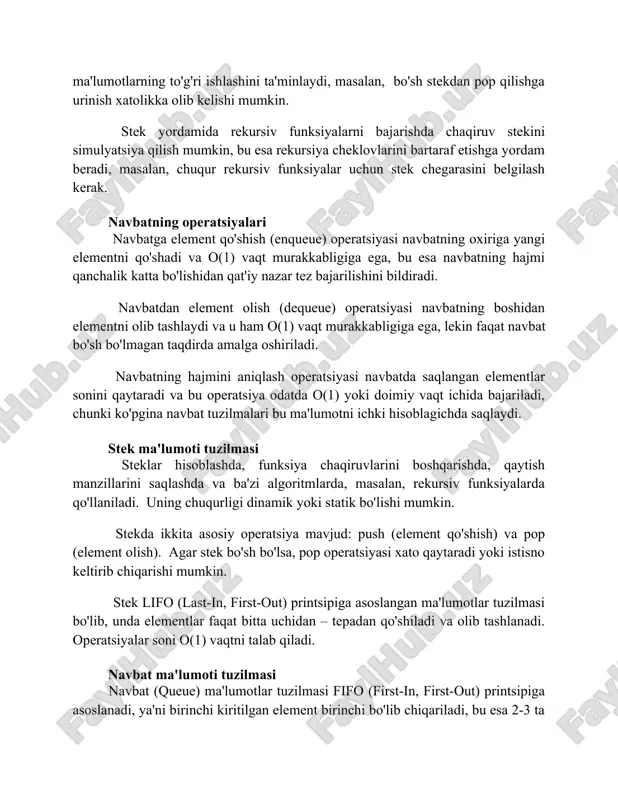 mi qanchalik katta bo'lishidan qat'iy nazar tez bajarilishini bildiradi. navbatdan element olish (dequeue) operatsiyasi navbatning boshidan elementni olib tashlaydi va u ham o(1) vaqt murakkabligiga ega, lekin faqat navbat bo'sh bo'lmagan taqdirda amalga oshiriladi. navbatning hajmini aniqlash operatsiyasi navbatda saqlangan elementlar sonini qaytaradi va bu operatsiya odatda o(1) yoki doimiy vaqt ichida bajariladi, chunki ko'pgina navbat tuzilmalari bu ma'lumotni ichki hisoblagichda saqlaydi. stek ma'lumoti tuzilmasi steklar hisoblashda, funksiya chaqiruvlarini boshqarishda, qaytish manzillarini saqlashda va ba'zi algoritmlarda, masalan, rekursiv funksiyalarda qo'llaniladi. uning chuqurligi dinamik yoki statik bo'lishi mumkin. stekda ikkita asosiy operatsiya mavjud: push (element qo'shish) va pop (element olish). agar stek bo'sh bo'lsa, pop operatsiyasi xato qaytaradi yoki istisno keltirib chiqarishi mumkin. stek lifo (last-in, first-out) printsipiga asoslangan ma'lumotlar tuzilmasi bo'lib, unda elementlar faqat bitta uchidan – tepadan qo'shiladi va olib tashlanadi. operatsiyalar soni o(1) vaqtni talab qiladi. navbat ma'lumoti tuzilmasi navbat (queue) ma'lumotlar tuzilmasi fifo (first-in, first-out) printsipiga asoslanadi, …
