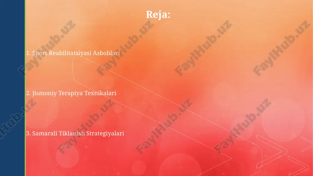 tizimining shikastlanishlarini davolashda va reabilitatsiyada muhim rol o'ynaydi, 70% dan ortiq holatlarda funktsional tiklanishni ta'minlaydi. ortezlarning turli xil turlari, masalan, tizzani fiksatsiyalovchi, bilakni qo'llab-quvvatlovchi va boshqalar, bemorning individual ehtiyojlariga qarab, 30 dan ortiq variantlarda mavjud. biomexanik tahlil va harakat analizi biomexanik tahlil, 3d harakatni qayd qilish tizimlari yordamida 10 dan ortiq biomexanik parametrlarni, shu jumladan qo'shma burchak tezligi va momentini aniqlaydi. biomexanik ma'lumotlarni tahlil qilish, individual reabilitatsiya dasturini ishlab chiqish uchun 5-7 kun ichida bemorning harakat samaradorligini baholashga yordam beradi. lazer terapiyasi past kuchli lazer terapiyasi (lllt) 80% dan ortiq bemorlarda og'riqni kamaytirish va harakatlanishni yaxshilashda ijobiy natijalar ko'rsatadi, bu esa davolash muddatini qisqartiradi. lazer terapiyasi yallig'lanishni kamaytirishda samarali bo'lib, 630-904 nm to'lqin uzunliklaridagi lazer nurlari hujayra regeneratsiyasini tezlashtiradi va og'riqni sezilarli darajada pasaytiradi. sportga qaytish va rejalashtirish sportga qaytish rejasini tuzishda bemorning yoshi, avvalgi jarohatlari va jismoniy tayyorgarligi kabi omillarni hisobga olish muhim, bu jarayonni 4-6 haftaga cho‘zishlari mumkin. …