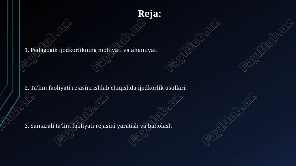 ortiq turdagi interfaol usullarni, masalan, o'yinlar, loyihalar va muammolarni qo'llash orqali namoyon bo'ladi. o'qituvchining o'z ustida ishlashi, kamida yiliga 30 soatlik malaka oshirish kurslariga qatnashish va yangi pedagogik texnologiyalarni qo'llash orqali o'z ijodkorligini rivojlantirishi muhim. o’yin texnologiyalari orqali ijodkorlikni rivojlantirish o'yin texnologiyalari, 5 yoshdan 10 yoshgacha bo'lgan bolalarda tasavvur va muammolarni yechish qobiliyatlarini rivojlantirishda samarali vosita sifatida ishlatilishi mumkin, ijodkorlikni 20% ga oshiradi. o'quv jarayoniga 7 xil turdagi o'yin texnologiyalarini kiritish, motivatsiyani oshiradi va shuningdek, o'quv natijalarini 15-20% ga yaxshilaydi. muammoli vaziyatlarni yaratish va hal qilish muammoli vaziyatlarni yaratishda 3-5 ta variantli savollar berish, talabalarning tanqidiy fikrlash ko'nikmalarini rivojlantirishga va turli yondashuvlarni o'rganishga yordam beradi. muammoli vaziyatlarni hal qilish jarayonida guruhlarda ishlash (2-4 kishilik guruhlar) samaradorligini oshiradi va hamkorlikdagi muloqotni rivojlantiradi. loyiha usuli va ijodkorlik ijodkorlikni rivojlantirishda loyixa usuli 20% nazariya va 80% amaliyotga asoslangan holda, o'quvchilarning muammo yechish va tanqidiy fikrlash ko'nikmalarini shakllantirishga imkon beradi. loyiha usulida kamida 4 …