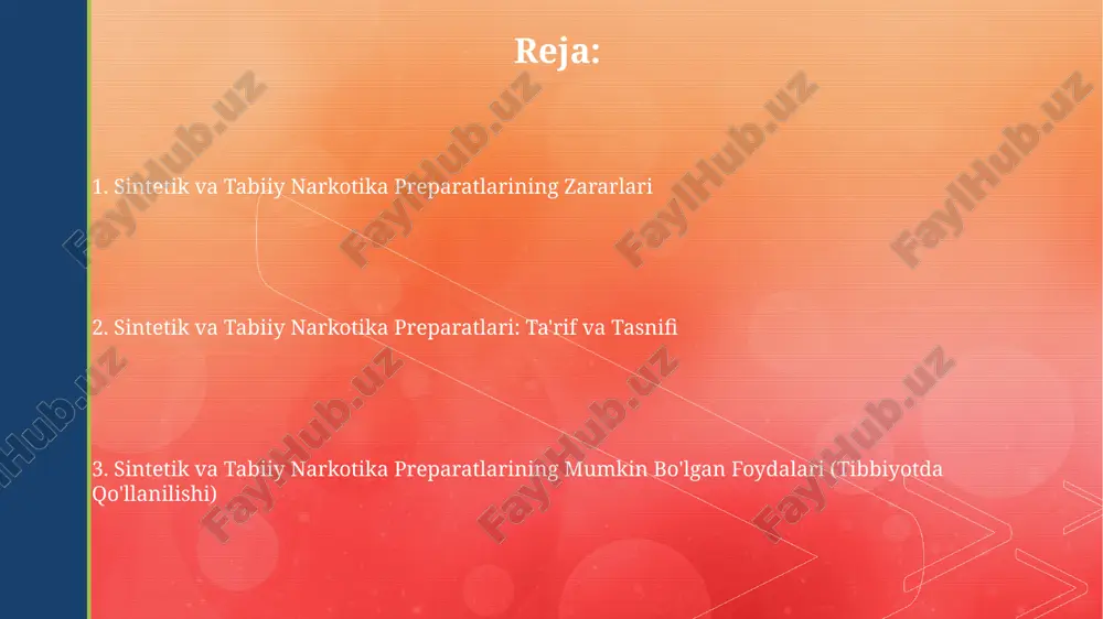 400 dan ortiq kimyoviy birikmalar mavjud bo'lib, ulardan asosiysi tetrahidrokannabinol (thc) hisoblanadi, uning miqdori naviga qarab 1% dan 30% gacha o'zgaradi. uzoq muddatli marixuana iste'moli o'pkaga jiddiy zarar yetkazishi, ruhiy kasalliklar xavfini oshirishi va giyohvandlikka olib kelishi mumkin, giyohvandlik darajasi taxminan 9% ni tashkil etadi. kokain: tabiiy manbalar va ta'siri kokainning muntazam iste'moli qattiq giyohvandlikka, ruhiy tushkunlikka va miya faoliyatining buzilishiga, shu jumladan, xotira zaiflashishiga olib kelishi mumkin. kokainning asosiy ta'siri markaziy nerv sistemasini qo'zg'atishi, yurak urish tezligining oshishi va qon bosimining ko'tarilishi bilan bog'liq bo'lib, 30 minutdan 1 soatgacha davom etadi. giyohiy va sintetik narkotiik dorilar: umumiy ma'lumot giyohvand giyohvand moddalar, masalan, kokain va geroin, o'simliklardan olinadi va kuchli bog'lanish va yuqori darajadagi giyohvandlikka olib keladi, o'lim xavfi 10% dan yuqori. sintetik opioidlar, masalan, fentanil, kuchli ta'sirga ega va giyohvandlik xavfi yuqori, dozani oshirib yuborish holatlari 50% gacha yetishi mumkin. oila va shaxsiy hayotga ta'siri doimiy giyohvandlikka bog'liqlik 70% …