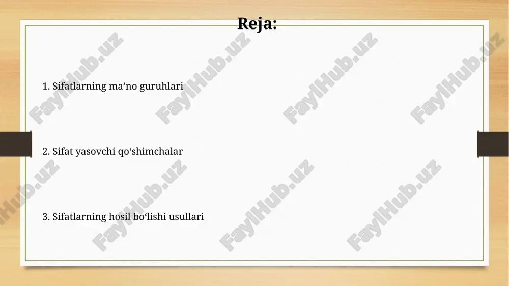 o‘shilgan) sifati hosil bo‘ladi, bu 1 ta so‘zdan 2 ta so‘z hosil bo‘lishini ko‘rsatadi. otlardan -li,-lu,-li qo‘shimchalari yordamida sifatlar hosil bo‘ladi, masalan, “tosh” otining “toshli”, “qum” otining “qumlu”, “yog‘och” otining “yog‘ochli” kabi 3 ta sifat hosil qilish mumkin. qo'shma sifatlar qo'shma sifatlar ikki yoki undan ortiq so'zlardan tashkil topib, bitta otga nisbatan ishlatiladi va ular orasida bog'lovchi qo'shimchalar bo'lmasligi mumkin. masalan, "qora ko'z" sifati ikki so'zdan iborat. ba'zi qo'shma sifatlar son jihatidan birlik va ko'plik shakllariga ega bo'lib, ularning ma'nosiga ta'sir qiladi. masalan, "o'n ikki qavatli" sifati ko'plik shaklida ishlatilganda ma'nosi o'zgaradi. otlashgan sifatlar otlashgan sifatlarning morfologik tuzilishi jihatidan 5 ga yaqin asosiy turini ajratish mumkin, ularning har biri o'ziga xos qo'shimcha va hosil bo'lish usullariga ega. ba'zi otlashgan sifatlar bir nechta qo‘shimcha olib, murakkab tuzilmalar hosil qiladi, masalan, "o‘qituvchilik" so‘zi "o‘qituvchi" so‘ziga "-lik" qo‘shimchasi qo‘shilishi bilan hosil bo‘ladi, bu esa 3 ta morfemadan iborat bo‘ladi. fe'llardan sifatlar yasash ba'zi …