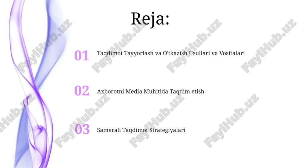 ana tili – imo-ishoralar, mimika va ko'z aloqasi – auditoriya bilan 55% gacha bo'lgan aloqani ta'minlaydi, shuning uchun ularni ma'lumotga moslashtirish muhim. ovoz balandligi va intonatsiyani 30% dan ortiq o'zgartirish tinglovchilarning diqqatini jalb qilish va ma'lumotni yaxshiroq qabul qilishga yordam beradi, shuningdek, nutqning monotonligini oldini oladi. nutq tezligini 120 so'z/minutdan oshmasligi kerak, chunki tezroq nutq ma'lumotni qabul qilishni qiyinlashtiradi va tinglovchilar charchaydi. taqdimot tuzilmasi va mazmuni har bir slaydda 3-5 ta asosiy fikr va 7-10 so'zli aniq sarlavhalar bo'lishi, ortiqcha matndan qochish va vizual elementlardan foydalanish tavsiya etiladi. taqdimotda 10-12 ta slayd bo'lishi maqbul, har bir slayd mavzuning bir qismini ochib berishi va auditoriya uchun tushunarli bo'lishi kerak. taqdimotning 3 qismdan: kirish (5-7%), asosiy qism (80-85%) va xulosadan (8-10%) iborat bo'lishi maqsadga muvofiqdir, bu esa ma'lumotlarni mantiqiy tartibda taqdim etishga yordam beradi. ma’lumotlarni media muhitda taqdim etish ma’lumotlarni media muhitda taqdim etishda 3 dan ortiq vizual vositalar (rasm, grafik, video) …