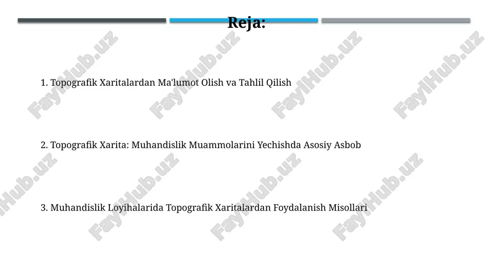 tuzilishi haqida ma'lumot olish mumkin, bu esa loyihalash va qurilish xarajatlarini optimallashtirishga yordam beradi. yo'lning optimal trassasini tanlashda topografik xarita ma'lumotlaridan foydalanib, 3d modellashtirish orqali turli xil variantlarni baholash va eng iqtisodiy va xavfsiz variantni tanlash mumkin. zamonaviy texnologiyalar va topografik xaritalar gis (geografik axborot tizimlari) topografik ma'lumotlarni tahlil qilish, modellashtirish va vizualizatsiya qilish imkonini beradi, bu esa 2d va 3d modellarning 95% gacha aniqligiga erishishga yordam beradi va muhandislik qarorlarini qabul qilishni optimallashtiradi. zamonaviy 3d skanerlash texnologiyalari topografik xaritalarning aniqligi va tafsilotlarini 10 barobarga oshirish imkonini beradi, bu esa muhandislik loyihalarini rejalashtirishda xatolarni sezilarli darajada kamaytiradi. suv ta'minoti va kanalizatsiya tizimlarini loyihalashda topografik xaritalar topografik xaritalar yordamida relyefning 1:5000 yoki undan kattaroq masshtabli tasvirini olish, suv ta'minoti quvurlarini optimal yo'naltirish va minimal balandlik farqlarini aniqlash imkonini beradi, bu esa qurilish xarajatlarini kamaytiradi. topografik xaritalardagi 5 metrli izoliniyalarning zichligi va yo'nalishi suv to'planish zonalarini va potentsial suv toshqinlari xavfini aniqlashga …