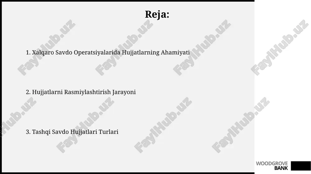 miqdori haqidagi ma'lumotlarni o'z ichiga olgan holda, eksport operatsiyasi uchun asosiy hujjat hisoblanadi va kamida 2 nusxada tuziladi. eksport operatsiyalari uchun zarur bo'lgan hujjatlar soni, tovarning turi va qiymatiga qarab 5 dan 15 tagacha yetishi mumkin, bu esa eksport jarayonini murakkablashtiradi. woodgrove bank import operatsiyalari uchun hujjatlar import kontratkti, shartnoma raqami, tovarlarni yetkazib berish muddati va to'lov shartlari kabi 3-5 ta asosiy bandni o'z ichiga olgan rasmiy hujjat hisoblanadi. tovarlarning bojxona deklaratsiyasi (tdb) tovarlarning tavsifi, miqdori, qiymati va hs kodi kabi muhim ma'lumotlarni o'z ichiga olgan 6-12 varaqdan iborat bo'lishi mumkin. woodgrove bank tashqi savdo hujjatlari turlari eksport konsignment notasi (shipping note) va proforma-invoice kabi hujjatlar shartnoma tuzilishidan oldin potensial xaridorga tovar haqida dastlabki ma'lumot berish uchun ishlatiladi. incoterms 2020 qoidalari bo'yicha, tovarlarni yetkazib berish shartlari (masalan, fob, cif, ddp) eksport va import hujjatlarini to'g'ri rasmiylashtirishda muhim rol o'ynaydi. woodgrove bank e'tiboringiz uchun rahmat @taqdimot_robot woodgrove bank image1.jpg image2.jpg image3.jpg …