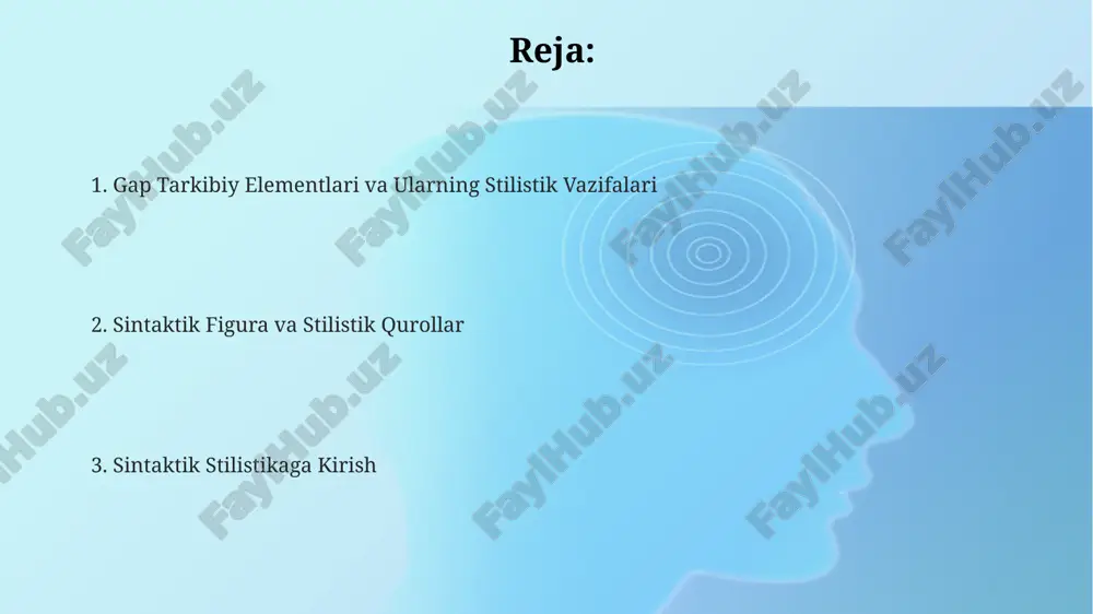 n holda, matnning ritmini va emotsional ta'sirini kuchaytirishi mumkin, bu esa stilistik effektlarni yaratadi. sintaktik parallellizm bilan birgalikda qo'llanilgan takrorlash (2-3 takror) sintaksisning ekspressivligini oshirib, matnga ritm va musiqali ohang bag'ishlaydi. qarama-qarshi qo'yilmalar badiiy adabiyotda "qarama-qarshi qo'yilmalar"ning ishlatilishi asosan qahramonlarning ichki mojarolari, fikrlaridagi ziddiyatlarni aks ettirishda qo'llaniladi, bu esa syujet rivojiga ta’sir ko'rsatadi va dramatik kuchlanishni yaratadi. “qarama-qarshi qo'yilmalar”da ikki yoki undan ortiq gap bo'laklarining semantik jihatdan qarama-qarshi ma’nolarini ifodalash orqali 2-3 ta sintaktik vosita yordamida ta’sirchanlikni kuchaytirish kuzatiladi. qarama-qarshi qo'yilmalar, parallel konstruktsiyalar va anafora kabi sintaktik usullar orqali yozuvchi matnning ifoda vositalarini boyitib, ma’no tahlilini murakkablashtiradi va 70% gacha badiiy ta’sirchanlikni oshirishga yordam beradi. sintaktik stilistika: kirish jumlalarning uzunligi va tuzilishi (oddiy, tarkibiy murakkab) ga bog'liq 5 ta turli stilistik effektlarni tahlil qilish mumkin. sintaktik stilistikada inversiya, ellipsis kabi 2 ta figurativ usullarni o'rganish, matnning ma'no va uslubini chukurroq anglashga yordam beradi. sintaktik stilistikada 3 ta asosiy usul: parallelizm, …