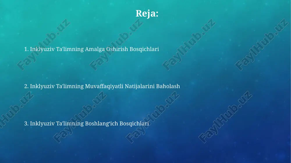 moslashtirish individual o'quv rejalari (ior)ni ishlab chiqishni, 1:1 yordamchi yoki kichik guruhlarda dars o'tishni o'z ichiga oladi, bu esa o'quvchining o'ziga xos ehtiyojlarini qondiradi. aksessuarning mavjudligi (rampa, lift, maxsus jihozlar) va texnologiyalarning (kompyuterlar, o'quv dasturlari) qo'llanilishi o'quv jarayonining moslashuvchanligini 50% ga oshiradi va inklyuziv muhit yaratishga hissa qo'shadi. baholash va monitoring monitoring davomida o‘quvchining individual ta’lim rejasi (o’tr) ga muvofiq yutuqlari 3 oyda bir marta tahlil qilinib, kerakli tuzatishlar kiritilishi lozim. o‘qituvchilarning inklyuziv ta’lim bo‘yicha malakasini oshirish uchun 20 soatlik treninglar o‘tkazilishi va ularning ishlarini yiliga kamida 2 marta baholash kerak. o'qituvchilarni tayyorlash va qo'llab-quvvatlash o'qituvchilarni inklyuziv ta'limga doir yangi texnologiyalar, masalan, interaktiv o'quv dasturlari va assistive technology vositalari bilan tanishtirish, ta'lim sifatini 15% ga oshiradi. o'qituvchilarni inklyuziv ta'lim metodologiyasi bo'yicha 50 soatlik maxsus treninglar orqali tayyorlash, shuningdek, qo'shimcha 20 soatlik amaliy mashg'ulotlarni o'tkazish samaradorligini oshiradi. qo'shimcha resurslar va xizmatlar o'quv jarayonini yaxshilash uchun 5 turdagi texnologiyalar, shu jumladan, kompyuter …