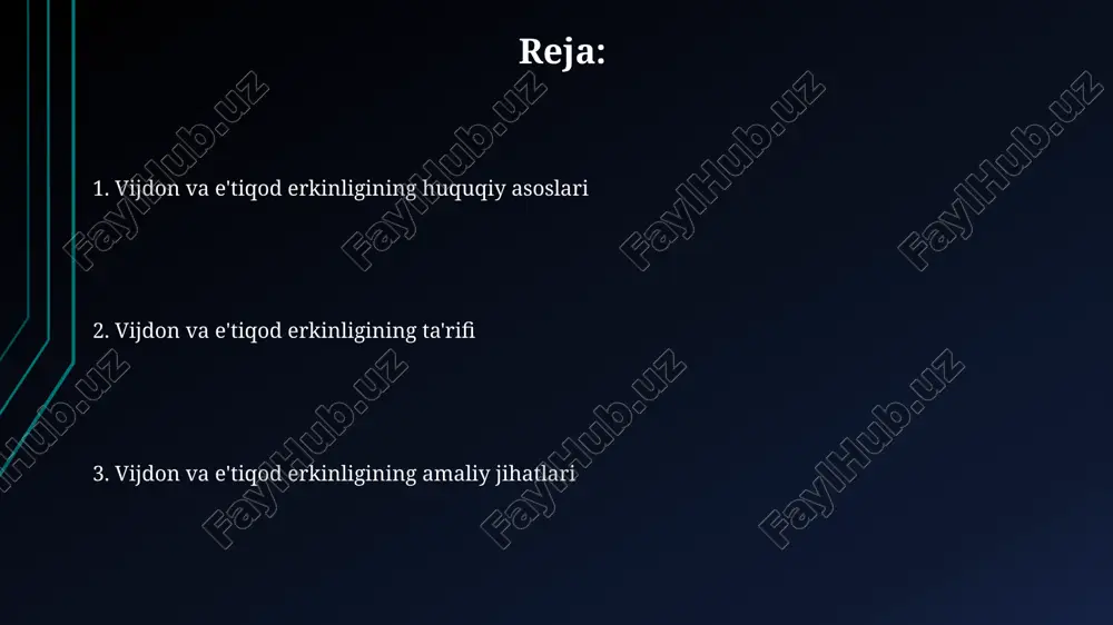 t javobgarligi bilan bog'liq bo'lishi mumkin. konstitutsiya va qonunlar bilan belgilangan 18 yoshdan kichik shaxslarning vijdon va e'tiqod erkinligi ota-onalar yoki vasiylarning roziligi bilan cheklanishi mumkin. vijdon va e'tiqod erkinligining himoyasi dinlar rahbarlari va diniy tashkilotlarning faoliyati davlat tomonidan 200 dan ortiq qonun va boshqa huquqiy hujjatlar orqali tartibga solinadi. vijdon va e'tiqod erkinligini buzganlik uchun o'zbekiston qonunchiligiga ko'ra, ma'muriy va jinoiy javobgarlik 5 yilgacha ozodlikdan mahrum qilishni nazarda tutadi. vijdon va e'tiqod erkinligining himoyasi o'zbekiston respublikasi konstitutsiyasining 18-moddasida kafolatlangan bo'lib, shaxsga 4 ta asosiy huquqni ta'minlaydi. vijdon va e'tiqod erkinligining huquqiy asoslari inson huquqlari bo'yicha xalqaro shartnomalar, xususan, jahon inson huquqlari deklaratsiyasi va fuqarolik va siyosiy huquqlar to'g'risidagi xalqaro pakt, vijdon va e'tiqod erkinligini himoya qilishning muhim huquqiy asosini tashkil etadi. o'zbekiston qonunchiligi, jumladan, 1998-yilgi "vijdon erkinligi va diniy tashkilotlar to'g'risida"gi qonun, diniy tashkilotlarning faoliyatini tartibga soluvchi 30 dan ortiq me'yoriy-huquqiy hujjatlarni o'z ichiga oladi. vijdon va e'tiqod erkinligi …