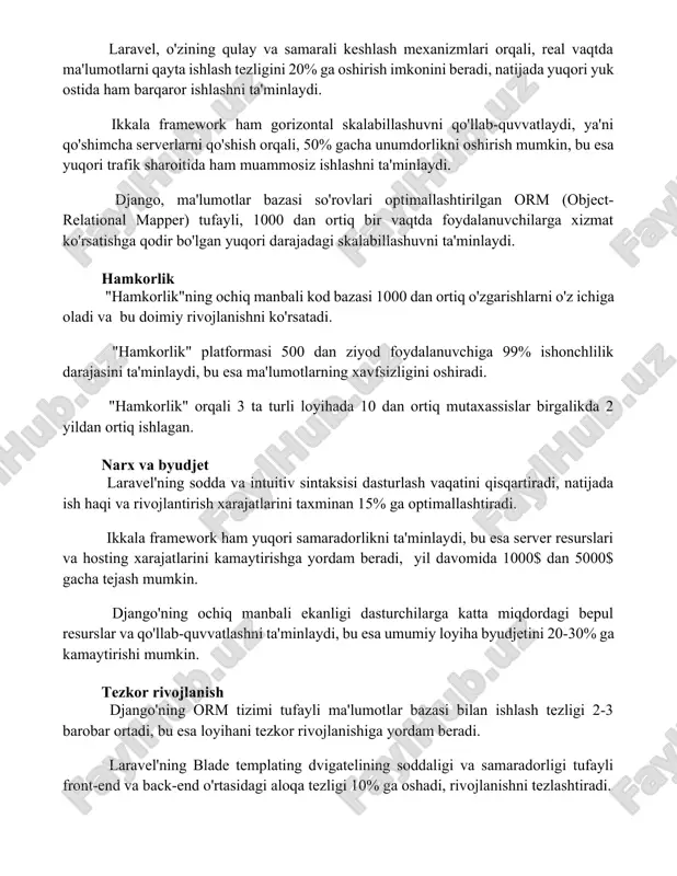 lashuvni qo'llab-quvvatlaydi, ya'ni qo'shimcha serverlarni qo'shish orqali, 50% gacha unumdorlikni oshirish mumkin, bu esa yuqori trafik sharoitida ham muammosiz ishlashni ta'minlaydi. django, ma'lumotlar bazasi so'rovlari optimallashtirilgan orm (object-relational mapper) tufayli, 1000 dan ortiq bir vaqtda foydalanuvchilarga xizmat ko'rsatishga qodir bo'lgan yuqori darajadagi skalabillashuvni ta'minlaydi. hamkorlik "hamkorlik"ning ochiq manbali kod bazasi 1000 dan ortiq o'zgarishlarni o'z ichiga oladi va bu doimiy rivojlanishni ko'rsatadi. "hamkorlik" platformasi 500 dan ziyod foydalanuvchiga 99% ishonchlilik darajasini ta'minlaydi, bu esa ma'lumotlarning xavfsizligini oshiradi. "hamkorlik" orqali 3 ta turli loyihada 10 dan ortiq mutaxassislar birgalikda 2 yildan ortiq ishlagan. narx va byudjet laravel'ning sodda va intuitiv sintaksisi dasturlash vaqatini qisqartiradi, natijada ish haqi va rivojlantirish xarajatlarini taxminan 15% ga optimallashtiradi. ikkala framework ham yuqori samaradorlikni ta'minlaydi, bu esa server resurslari va hosting xarajatlarini kamaytirishga yordam beradi, yil davomida 1000$ dan 5000$ gacha tejash mumkin. django'ning ochiq manbali ekanligi dasturchilarga katta miqdordagi bepul resurslar va qo'llab-quvvatlashni ta'minlaydi, bu …