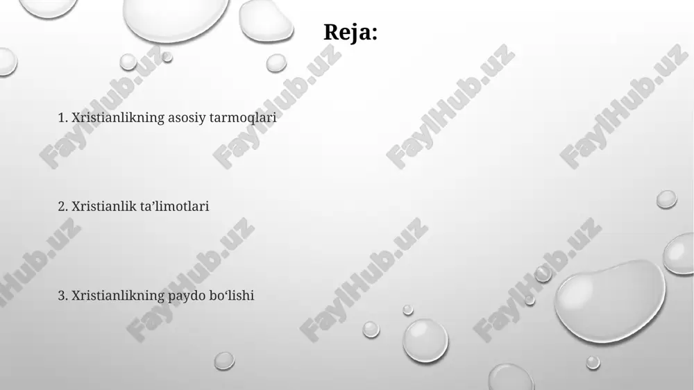 iation doktrinasini qo'llab-quvvatlaydi, bu esa eucharist paytida non va sharobning mohiyatining masihning tanasi va qoniga to'liq o'zgarishini anglatadi va bu 2000 yildan ortiq davom etayotgan e'tiqoddir. katolik cherkovi 1054-yilda sharqiy va g'arbiy cherkovlarning bo'linishi natijasida paydo bo'lgan va rim papasining boshchiligidagi g'arbiy cherkovning davomi hisoblanadi, 7 ta muqaddas marosimlarni o'z ichiga oladi. katolik cherkovining asosiy shoxchalari orasida lotin cherkovi, sharqiy katolik cherkovlari va 23 ta alohida marosimlar tizimi mavjud bo'lib, ular o'z an'analari va liturgiyalari bilan farq qiladi. xristianlik ta'limoti muqaddas uchlik – ota, o'g'il va muqaddas ruh – xristianlikning asosiy doktrinasini tashkil etadi, bu uch shaxs bir xudoga tegishli bo'lib, teng kuch va shon-sharafga ega. gunohdan najot topish iso masihning qurbonligi orqali amalga oshiriladi, bu esa 7 ta marhamat – imonga, umidga, mehr-oqibatga va boshqalarga asoslanadi. xristianlik ta'limoti injilning 66 kitobidan iborat bo'lib, qadimgi va yangi ahdga bo'linadi, bu yerda xudoning o'g'li iso masihning hayoti, o'limi va tirilishini tasvirlaydi. …