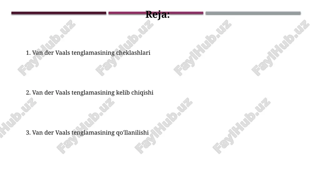 xatolik kuzatilishi mumkin, shuning uchun ushbu tenglamani murakkab tizimlarga moslashtirish bo'yicha yangi usullarni ishlab chiqish kerak. van der vaals tenglamasining aniqligi gazlarning zichligi 10 mol/l dan yuqori bo'lganda sezilarli darajada kamayadi, shuning uchun yuqori zichlikdagi gazlar uchun tenglamani takomillashtirish bo'yicha tadqiqotlar o'tkazish zarur. tenglamani yechish usullari real gazlar uchun van der waals doimiylarini (a va b) bilgan holda, temperatura va bosim qiymatlarini o'zgartirish orqali hajmini tahmin qilish uchun sonli yechim usullaridan, masalan, bisection usuli yoki false position usuli qo'llaniladi. tenglamani analitik yechish murakkab bo'lib, ko'pincha iterativ usullar, masalan, nyuton-raphson usuli yordamida 2-3 o'nlik belgilarigacha aniqlik bilan yechiladi. van der vaals tenglamasining kelib chiqishi van der vaals tenglamasi ideal gaz qonunining cheklovlarini, ya'ni molekulalararo o'zaro ta'sirlar va molekulalarning o'z hajmiga ega ekanligini hisobga olgan holda yaxshilashga qaratilgan bo'lib, a va b parametrlari bilan ifodalanadi. van der vaals tenglamasi, klassik ideal gaz qonunidan farqli ravishda, past bosim va yuqori haroratlarda ideal gaz …