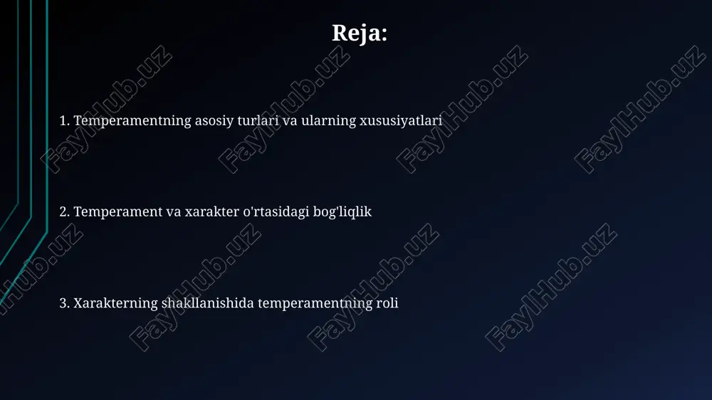 mentli shaxslarning impulsivligi va tezkorligi xarakterlarida tajovuzkorlik yoki beparvolik kabi xususiyatlarning yuqori darajasini keltirib chiqarishi mumkin. temperamentning 4 asosiy turi (sanguinik, flegmatik, xolerik, melanxolik) shaxsning xarakter xususiyatlarining 50% gacha shakllanishida bevosita ta'sir ko'rsatishi aniqlangan. melankoli k temperament va xarakter melankoli temperament, introversiya va yuqori sezuvchanlik bilan bog'liq bo'lib, bu xarakterda mustaqillik, o'ziga chuchuklik va ba'zan esa ijtimoiy chekinuvchanlik kabi xususiyatlarni keltirib chiqaradi. tadqiqotlar shuni ko'rsatdiki, melankoli temperamentli shaxslarning 30% atrofida yuqori darajadagi intellekt va ijodiy qobiliyatga ega bo'lib, bu ularning xarakterida tafakkur chuqurligi va analitik fikrlashni namoyon qiladi. xarakterni shakllantirish usullari xarakterni shakllantirishda 3 ta asosiy omil: irsiyat (genetik moyillik), atrof-muhit (tarbiya, ijtimoiy ta’sirlar) va shaxsning o'z-o'zini tarbiyalash faoliyati muhim ahamiyat kasb etadi. xarakterni shakllantirishda 5 yoshgacha bo'lgan davr juda muhim, chunki bu davrda asosiy psixologik xususiyatlar va temperament asoslari qo'yiladi, ijtimoiylashuv jarayonlari faol boshlanadi. xarakterning ijobiy va salbiy tomonlari xarakterning ijobiy tomonlari, masalan, halollik va fidoyilik kabi fazilatlar, shaxsning …