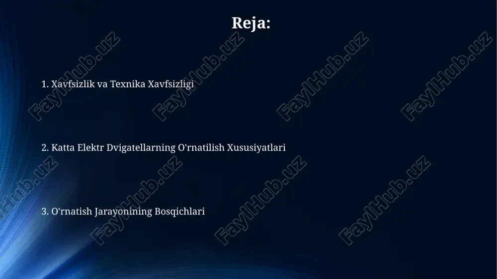 lash uchun muhimdir. sovutish tizimlari samarali sovutish tizimi, masalan, havo sovutgichli yoki suyuqlik sovutgichli tizimlar, motorning ishlash muddatini 2-3 baravarga uzaytiradi va 5-10% gacha energiya tejashga yordam beradi. katta quvvatli motorlar uchun sovutish tizimining loyihalashida, 100 kvt dan yuqori quvvatdagi motorlar uchun majburiy sovutish tizimlari qo'llaniladi, bu esa ishonchlilik va xavfsizlikni oshiradi. texnik xizmat ko'rsatish va ta'mirlash elektr motorlarini ta'mirlash va texnik xizmat ko'rsatishda, kamida 2 kishilik malakali mutaxassislar guruhi ishtirok etishi va xavfsizlik choralari qat'iy bajarilishi shart. katta elektr motorlarini o'rnatishda 10 kv dan yuqori kuchlanishli qurilmalarning xavfsiz ulanishi va yerlash tizimining to'g'ri ishlashini tekshirish muhim texnik xizmat ko'rsatish jarayonidir. xavfsizlik choralarlari elektr toki ta'siridan himoya vositalari (dielektrik qo'lqoplar, izolyatsion botinkalar) majburiy hisoblanadi, va ishlarni bajarishdan oldin 500v dan yuqori kuchlanishning yo'qligini tekshiruvchi asboblar yordamida tekshirib olinishi zarur. yerga ulash tizimi (zazemleniye) to'g'ri va ishonchli bo'lishi kerak, chunki bu 100% elektr toki zarbasidan himoya qiladi va qisqa tutashuv oqibatlarini …