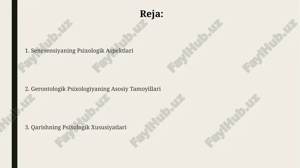 aktika dasturlarini ishlab chiqish zaruratini ko'rsatadi. keksayish jarayonida kognitiv funksiyalar, xususan, xotira va e'tiborning pasayishi kuzatiladi, bu 65 yoshdan oshgan aholi orasida taxminan 20% da demans tashxisi qo'yilishiga olib kelishi mumkin. ruhiy salomatlikka ta'sir etuvchi omillar orasida ijtimoiy izolyatsiya, surunkali kasalliklar va moliyaviy qiyinchiliklar bo'lib, bu depressiya va xavotirlilik kabi buzilishlar xavfini 30% ga oshiradi. shaxsiyat va qarish o'rtacha 65 yoshdan oshgan shaxslarda o'z-o'zini hurmat qilish darajasi va ichki lokus nazoratining pasayishi kuzatiladi, bu esa depressiya xavfini oshiradi. keksalik davrida shaxsiyatning 70% gacha qismi nisbatan barqaror bo'lib qoladi, ammo qolgan 30%ida o'zgarishlar, masalan, emoshional munosabatlarning o'zgarishi kuzatiladi. shaxsiyatning ekstraversiya va introversiya kabi xususiyatlari qarish jarayonida sezilarli darajada o'zgarmaydi, ammo neyrotizm darajasi ba'zi hollarda kamayishi mumkin. muloqot va ijtimoiy munosabatlar keksa odamlarning ijtimoiy faolligi va qiziqishlarini saqlab qolish uchun maxsus guruhlar va dasturlar (masalan, 50 dan ortiq kishini qamrab oluvchi) tashkil etish muhim ahamiyatga ega. oilaviy va do'stona munosabatlarning mustahkamligi keksaygan …