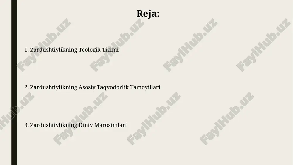 lib, 7 ta amesha spentalarning himoyasida bo'ladi va ularning har biri insonning ma'naviy rivojlanishining muayyan jihatlariga javobgardir. fravashining amesha spentalar bilan o'zaro ta'siri, zoroastrizmda qayta tug'ilish va axloqiy poklanish tushunchalarini ifodalaydi va 3 davrda amalga oshiriladi: yerda, osmon va oxiratda. ahriman va yovuzlik ahrimanning yovuzligi faqatgina qorongʻulik va buzilishlarda emas, balki dunyodagi 3 ta asosiy qarama-qarshiliklardan biri - yaxshilik va yovuzlik kurashida ham namoyon boʻladi. ahriman, yovuzlikning shaxsiylashtirilgan timsoli boʻlib, zardushtiylik kosmologiyasida 6 ta amaldagi yaratilish kuchlaridan biri hisoblanadi va uning 7 ta shaytoniy qoʻshinlari bor. navjote marosimi navjote marosimi, taʼlim va ibodatlar bilan birga, taxminan 3-4 soat davom etadi va undan keyin bayram ziyofati oʻtkaziladi, bu oila va jamoa uchun muhim voqea hisoblanadi. navjote marosimi 7 yoshdan 15 yoshgacha boʻlgan bolalar uchun oʻtkaziladi va bu marosimlar davomida bolalarga kusti (muqaddas ip) taqiladi, bu ularning zoroastrian diniga kirishini ramziy maʼnoda bildiradi. xudo va uning xususiyatlari ahura mazdaning buyukligi va qudratini …