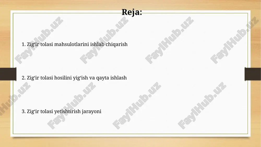 darajada pasaytiradi va hosildorlikni oshiradi. hosilni yig'ish va qayta ishlash hosilni yig'ishda, paxta yig'im-terim mashinalaridan farqli o'laroq, qo'lda yig'ish texnologiyasi 30% gacha hosildorlikni oshirishi va tolalar sifatini yaxshilashi mumkin, bu esa yuqori sifatli matolar ishlab chiqarishga olib keladi. suvli retlash jarayoni flax tolalarini 3-5% gacha ifloslantirishi mumkin. shu sababli, tozalash jarayonida samarali filtrlash tizimlaridan foydalanish kerak, bu esa chiqindilarni kamaytiradi va sifatni oshiradi. tola sifatini baholash tolaning kuchi (strength) kilogram/gramm bilan o'lchanadi va kampirishga chidamliligini ko'rsatadi. yuqori sifatli tola 200-300 kn/kg dan ortiq kuchga ega bo'lishi kerak. tola sifatini baholashda, 10-15% dan ortiq tolaning singishi va 5% dan kam bo'lmagan uzunligiga ega bo'lgan tolalarning yuqori foizi muhim ko'rsatkich hisoblanadi. e'tiboringiz uchun rahmat @taqdimot_robot image7.jpg image8.jpg image9.jpg image10.jpg image11.jpg image12.jpg image13.jpg image3.png image4.png