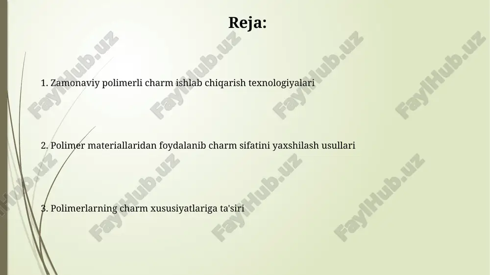 to'yingan qilib, ranglarning bardoshliligini 2 barobarga oshiradi, bu esa mahsulotning umrini uzaytiradi. poliuretan asosidagi polimerlar teriga suv o'tkazmaydigan xususiyat bag'ishlaydi va 30% gacha yuqori darajadagi aşınmaya chidamlilikni ta'minlaydi, natijada terining tashqi ko'rinishi uzoq vaqt davomida saqlanib qoladi. polimerli terining ekologik jihatlari va kelajagi polimerli terining qayta ishlanishi va utilizatsiyasi bo'yicha yangi texnologiyalarni qo'llash chiqindilarni 40% ga kamaytirib, aylanma iqtisodiyotga o'tishga hissa qo'shadi. polimerli terini ishlab chiqarishda suv iste'moli an'anaviy usullarga nisbatan 30% ga kamayishi mumkin, bu esa suv resurslarini tejashga va ekologik iz qoldiqlarini kamaytirishga yordam beradi. teri va polimerlarning o'zaro ta'siri akril va silikon polimerlarining qo'llanilishi terining egiluvchanligini va yumshoqligini saqlab qolgan holda, uning mustahkamligini 15-25% ga oshirishi mumkin. polimerlarning teri bilan birikishi 10-15 mikron qalinlikdagi himoya qatlami hosil qiladi, bu esa terining suv o'tkazmaydigan va aşınma bardoshli xususiyatlarini sezilarli darajada yaxshilaydi. e'tiboringiz uchun rahmat @taqdimot_robot image1.jpg image2.jpg image3.jpg image4.jpg image5.jpg image6.jpg image7.jpg