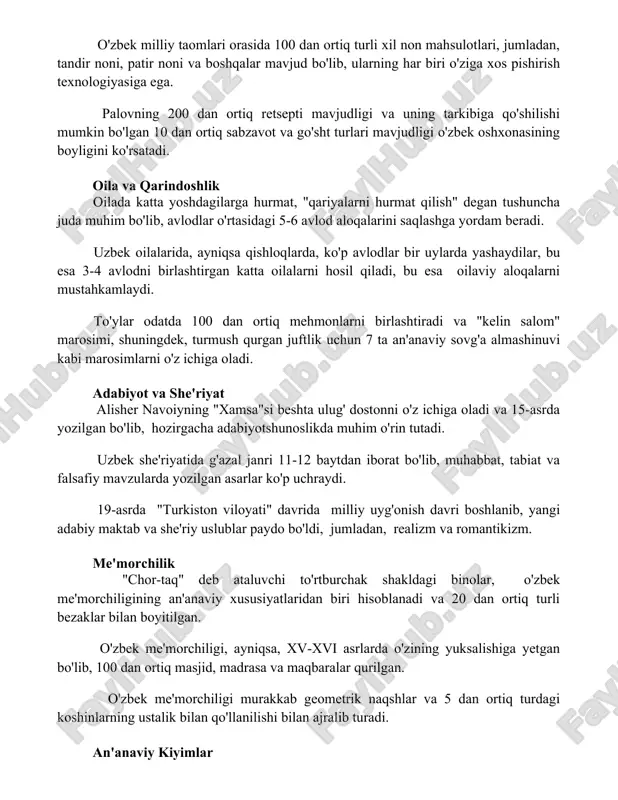 katta yoshdagilarga hurmat, "qariyalarni hurmat qilish" degan tushuncha juda muhim bo'lib, avlodlar o'rtasidagi 5-6 avlod aloqalarini saqlashga yordam beradi. uzbek oilalarida, ayniqsa qishloqlarda, ko'p avlodlar bir uylarda yashaydilar, bu esa 3-4 avlodni birlashtirgan katta oilalarni hosil qiladi, bu esa oilaviy aloqalarni mustahkamlaydi. to'ylar odatda 100 dan ortiq mehmonlarni birlashtiradi va "kelin salom" marosimi, shuningdek, turmush qurgan juftlik uchun 7 ta an'anaviy sovg'a almashinuvi kabi marosimlarni o'z ichiga oladi. adabiyot va she'riyat alisher navoiyning "xamsa"si beshta ulug' dostonni o'z ichiga oladi va 15-asrda yozilgan bo'lib, hozirgacha adabiyotshunoslikda muhim o'rin tutadi. uzbek she'riyatida g'azal janri 11-12 baytdan iborat bo'lib, muhabbat, tabiat va falsafiy mavzularda yozilgan asarlar ko'p uchraydi. 19-asrda "turkiston viloyati" davrida milliy uyg'onish davri boshlanib, yangi adabiy maktab va she'riy uslublar paydo bo'ldi, jumladan, realizm va romantikizm. me'morchilik "chor-taq" deb ataluvchi to'rtburchak shakldagi binolar, o'zbek me'morchiligining an'anaviy xususiyatlaridan biri hisoblanadi va 20 dan ortiq turli bezaklar bilan boyitilgan. o'zbek me'morchiligi, ayniqsa, …