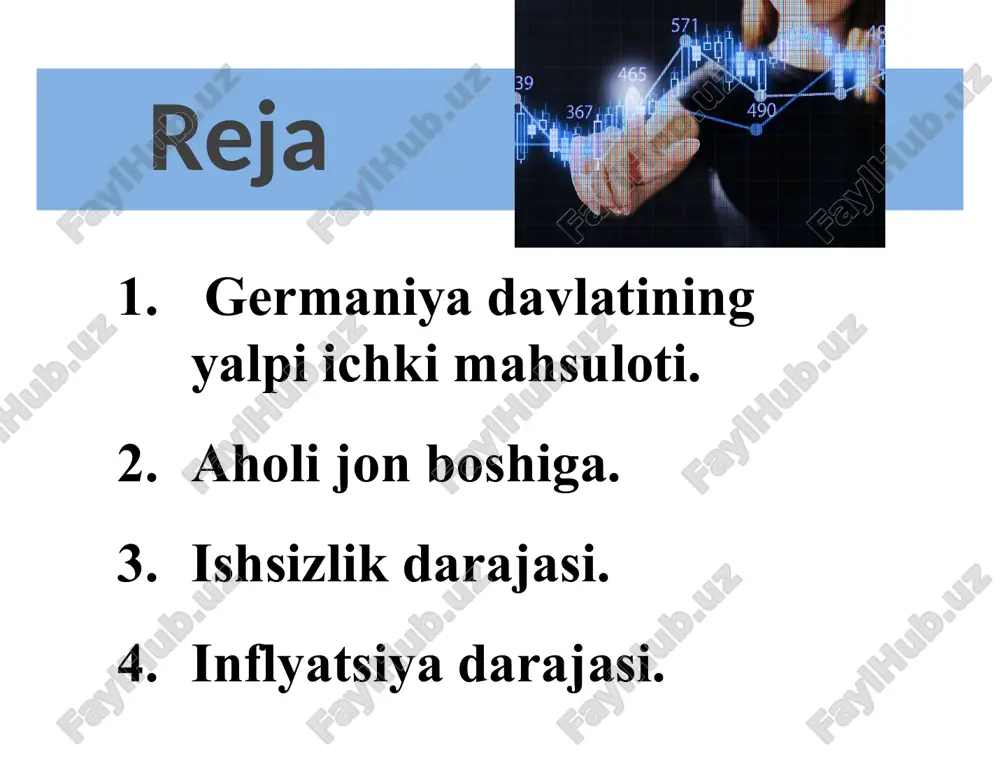 023 yilda germaniya eksporti taxminan 1.6 trillion evro atrofida bo'lishi kutilgan. germaniyaning asosiy eksport mahsulotlari mashinalar, avtomobillar, kimyo mahsulotlari va elektr jihozlaridan iborat. 7 valyuta va moliya siyosati: germaniya yevro hududida joylashgan va yevroning asosiy iqtisodiy kuchi hisoblanadi. germaniya iqtisodiyoti yevropa markaziy bankining pul siyosatiga katta ta'sir ko‘rsatadi. davlat qarzi: germaniya davlat qarzi o‘rtacha yalpi ichki mahsulotga nisbatan 60% atrofida, bu esa yevropa ittifoqining moliyaviy barqarorlik me'yorlariga mos keladi. 8 germaniya iqtisodiyoti germaniya iqtisodiyoti yuqori darajada rivojlangan ijtimoiy bozor iqtisodiyotidir. u eng yirik milliy iqtisodiyotga ega evropa, nominal yaim bo'yicha to'rtinchi o'rinda turadi dunyoda va yaim bo'yicha beshinchi (ppp). 2017 yilda xvf ma'lumotlariga ko'ra ushbu mamlakat evro hududi iqtisodiyotining 28 foizini tashkil etdi.germaniyaning asoschisi a'zosi yevropa ittifoqi va evropa hududi 2016 yilda germaniya dunyodagi 310 milliard dollarlik eng yuqori savdo balansini qayd etdi, uni global miqyosda eng yirik eksport qiluvchiga aylantirish. 9 germaniya bu jahon miqyosidagi eng yirik eksportchilaridan biri …