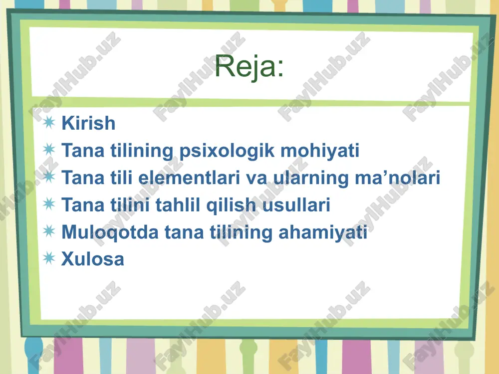 iy masofalar (proksemika). yuz ifodasi inson his-tuyg‘ularining eng tez o‘zgaruvchi ko‘rinishidir — tabassum quvonchni, qoshni chimirish g‘azab yoki xavotirni bildiradi. ko‘z qarashi ishonch, ochiqlik yoki yashirish niyatini anglatadi. qo‘l harakatlari esa fikrni kuchaytirish yoki yashirish vositasi bo‘lishi mumkin. masalan, qo‘lni ko‘krakka qo‘yish samimiyatni, barmoqlarni qimirlatish esa sabrsizlikni ifodalaydi. tana holati ham ma’noli — tik turish o‘ziga ishonch belgisi, bukchayish esa noaniqlik yoki sustkashlikni bildiradi. shu elementlarni to‘g‘ri tahlil qilish orqali insonni chuqur tushunish mumkin. tana tilini tahlil qilish usullari tana tilini tahlil qilishda bir necha usullar qo‘llaniladi. eng keng tarqalgan usul — kuzatuv bo‘lib, unda psixolog insonning tana harakatlarini, yuz ifodalarini va pozasini tahlil qiladi. videotahlil usulida esa inson harakatlari yozuv orqali o‘rganilib, mikromimika (bir soniyalik yuz o‘zgarishlari) aniqlanadi. shuningdek, kompyuter dasturlari yordamida ko‘z harakati, ovoz ohangi va tana haroratidagi o‘zgarishlar ham tahlil qilinadi. tana tilini tahlil qilishda kontekst — ya’ni vaziyat muhim o‘rin tutadi, chunki bir imo turli holatlarda …