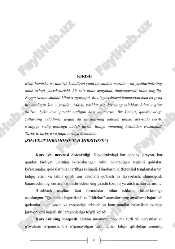 "ildizlari" atamalarining amallarni bajarilish qadamlari juda yaqin va maqsadga erishish va kam amallar bajarilishi evaziga jarayonlarni bajarilishi jarayonlariga to'g'ri keladi. kurs ishining maqsadi. ushbu muammo bo'yicha turli xil qarashlar va g'oyalarni o'rganish, biz o'rganayotgan tushunchani talqin qilishdagi umumiy xususiyatlar va farqlarni aniqlash, integral tenglamalarni taqribiy hisoblash tizimini va ushbu tizimning samarali ishlashi uchun qanday zamonaviy formulalar va terminlar ishlanmalari mavjudligini ko'rib chiqish. kurs ishining vazifalari. kurs ishimizning maqsadidan kelib chiqib, quyidagi vazifalar qo’yilgan. 1. hisoblash usllarida formulalarni samaradorligini baholashga doir asosiy jarayonlar mohiyati, turlari va ahamiyatini yoritib berish. 2. hisoblash usllarida buyruqlar ketma-ketligi tahlili va uning normativlarini aniqlash va bayon etish. 3. jarayonda ishtirok etuvchining tashkiliy-huquqiy qoidasi bo’lmish imkoniyatlari yo’riqnomasini tuzishning umumiy talablarining ustuvor tomonlarini yoritib berish va tahlil qilish. kurs ishi tuzilishi va tarkibi. kurs ishi “oddiy differensial tenglamalarni ko`p qadamli usullar (adams va miln usullari) yordamida taqribiy yechish.” mavzusida yozilgan bo’lib kirish, asosiy qism 2 bob, 1-bob 2 …